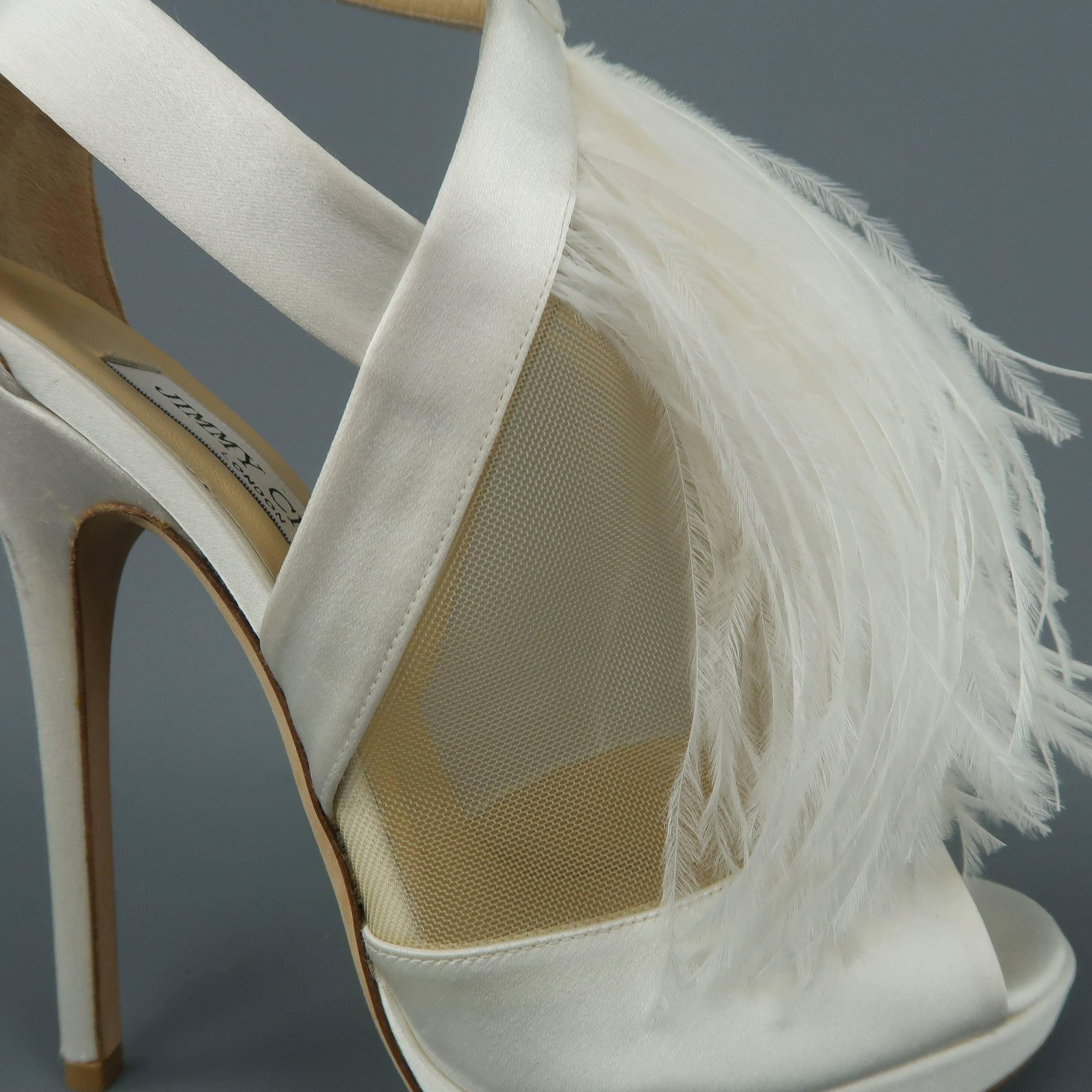 JIMMY CHOO Size 8.5 White Silk / Leather Ostrich Feather Bridal Sandals Heels In New Condition In San Francisco, CA
