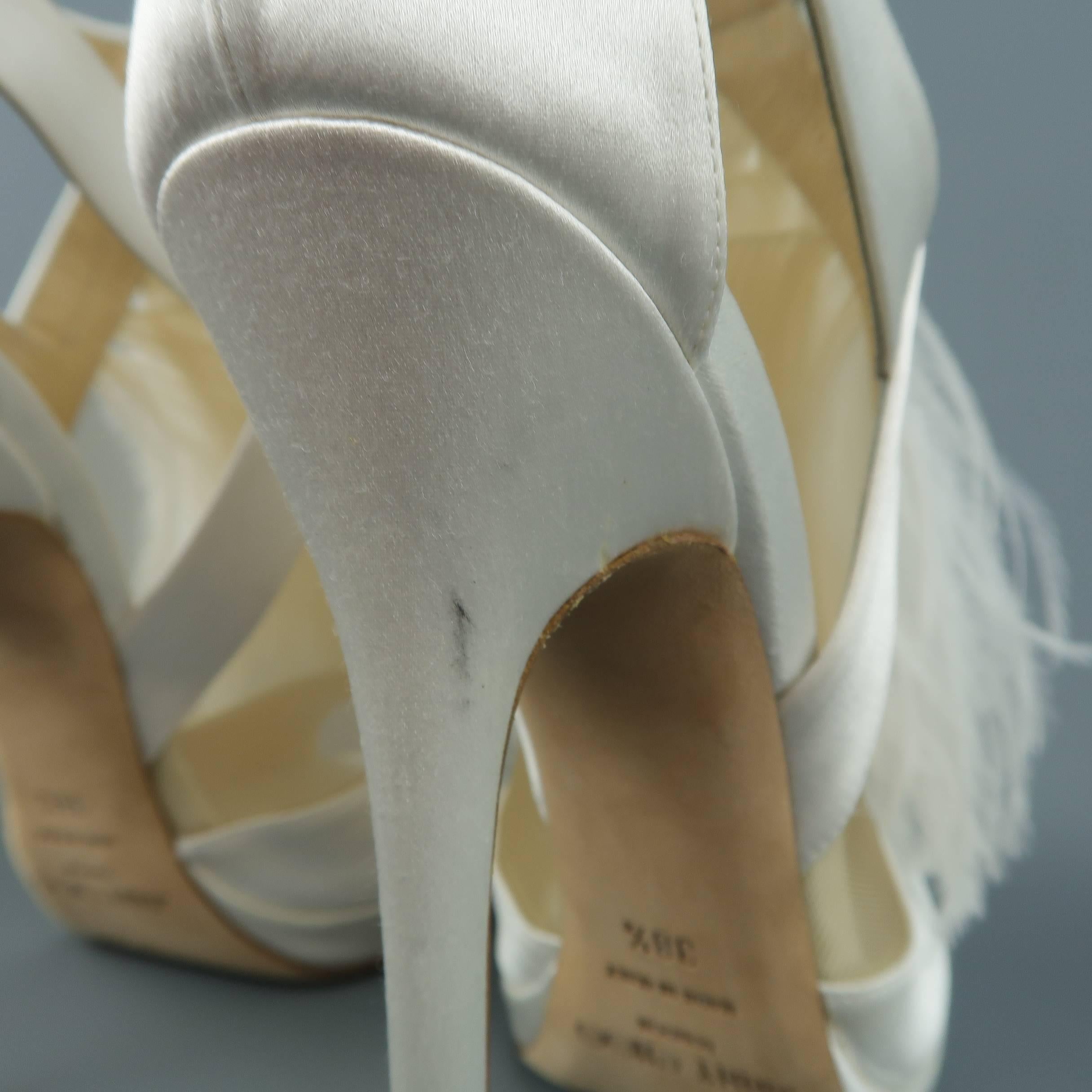 JIMMY CHOO Size 8.5 White Silk / Leather Ostrich Feather Bridal Sandals Heels 2