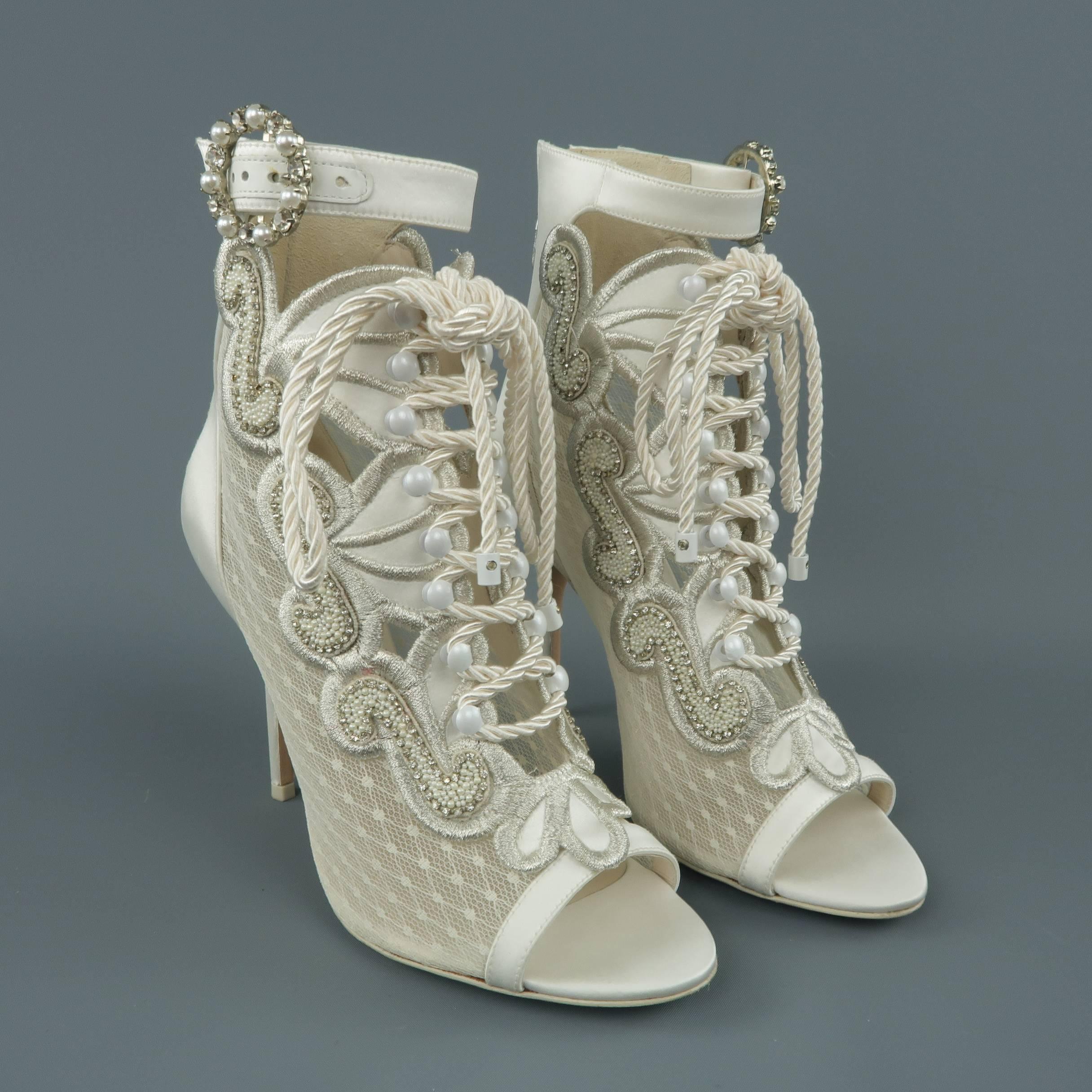 Gray Sophia Webster Size 8.5 Off White Silk & Lace Beaded Lace Up Sandal Bootie