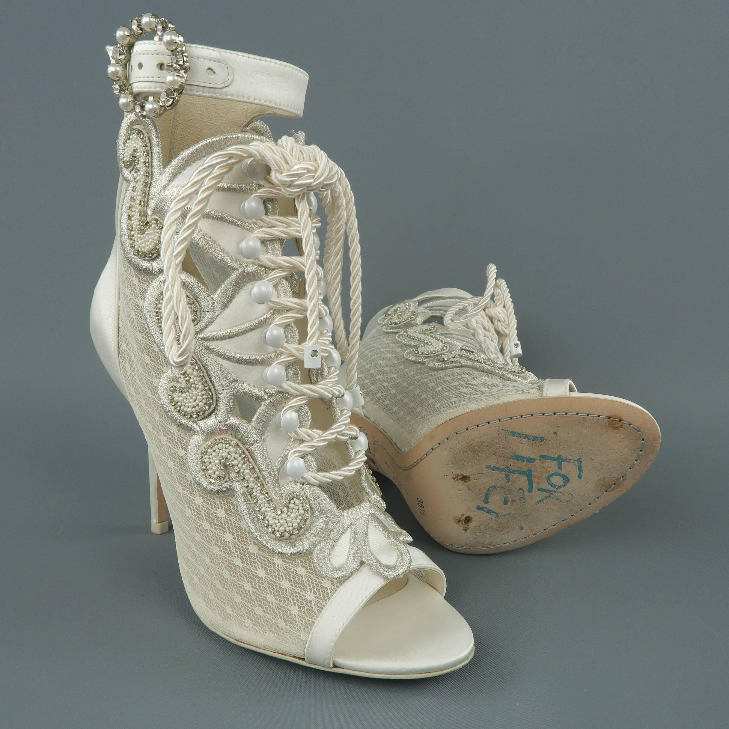 Sophia Webster Size 8.5 Off White Silk & Lace Beaded Lace Up Sandal Bootie In Excellent Condition In San Francisco, CA