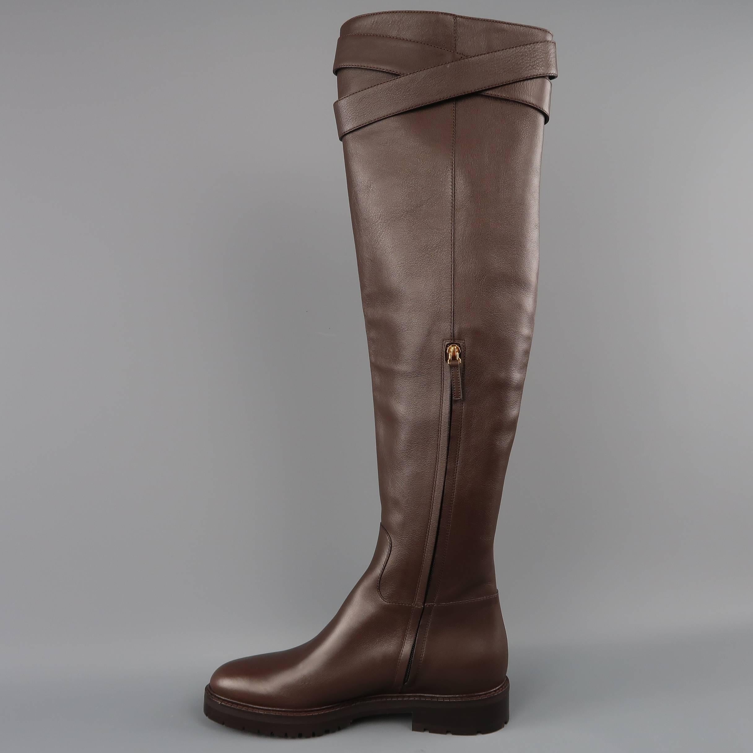 VALENTINO Leather Boots  - Size 8.5 Brown Over the Knee BOWRAP Riding  1