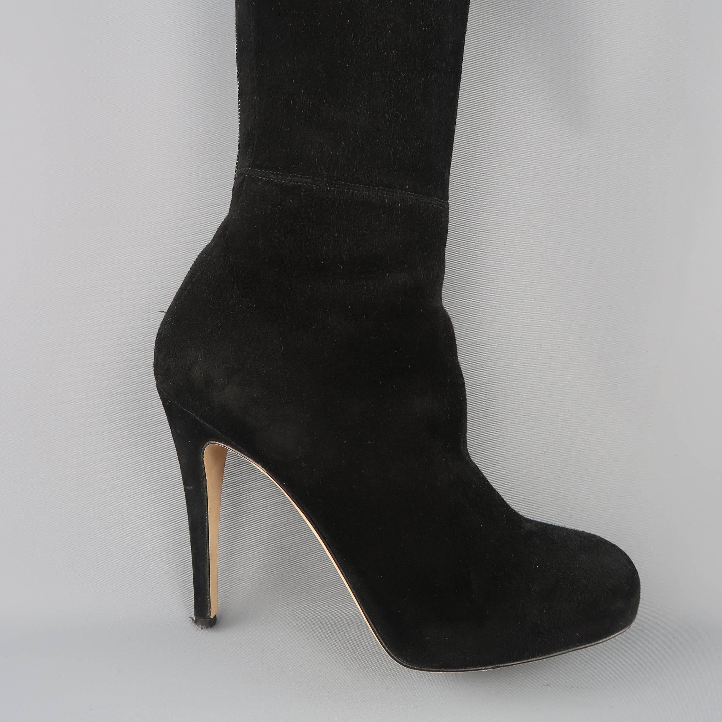 BRIAN ATWOOD over the knee thigh high boots come in black stretch suede with a round point toe, concealed platform, covered stiletto heel, and back zipper. Minor wear. Made in Italy.
 
Good Pre-Owned Condition.
Marked: IT 38.5
 
Measurements:
