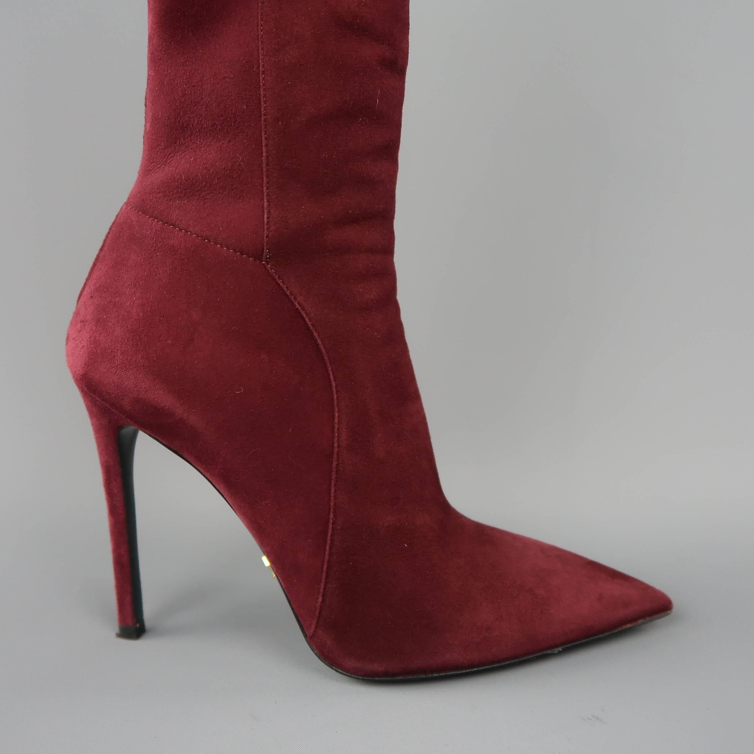 PRADA Size 8.5 Burgundy Suede Pointed Knee High Stiletto Boots In Good Condition In San Francisco, CA