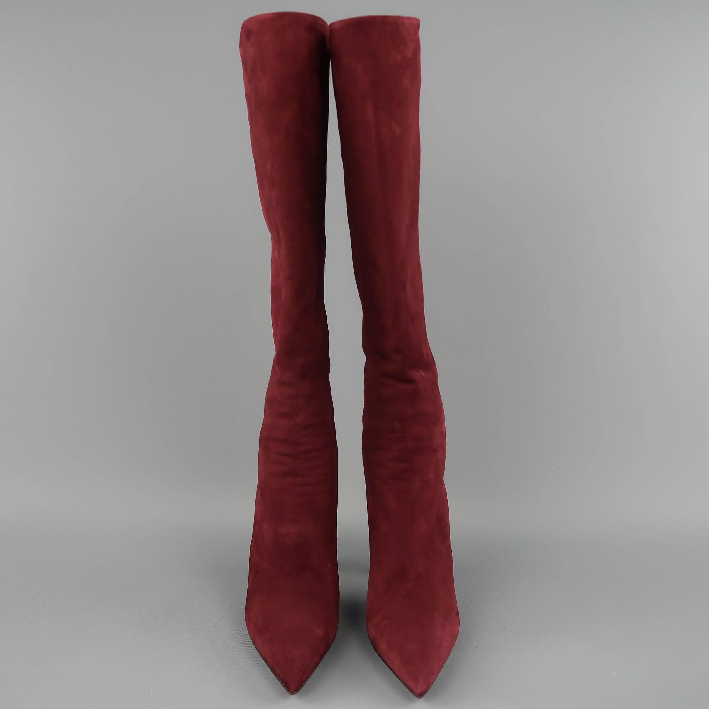 Women's PRADA Size 8.5 Burgundy Suede Pointed Knee High Stiletto Boots