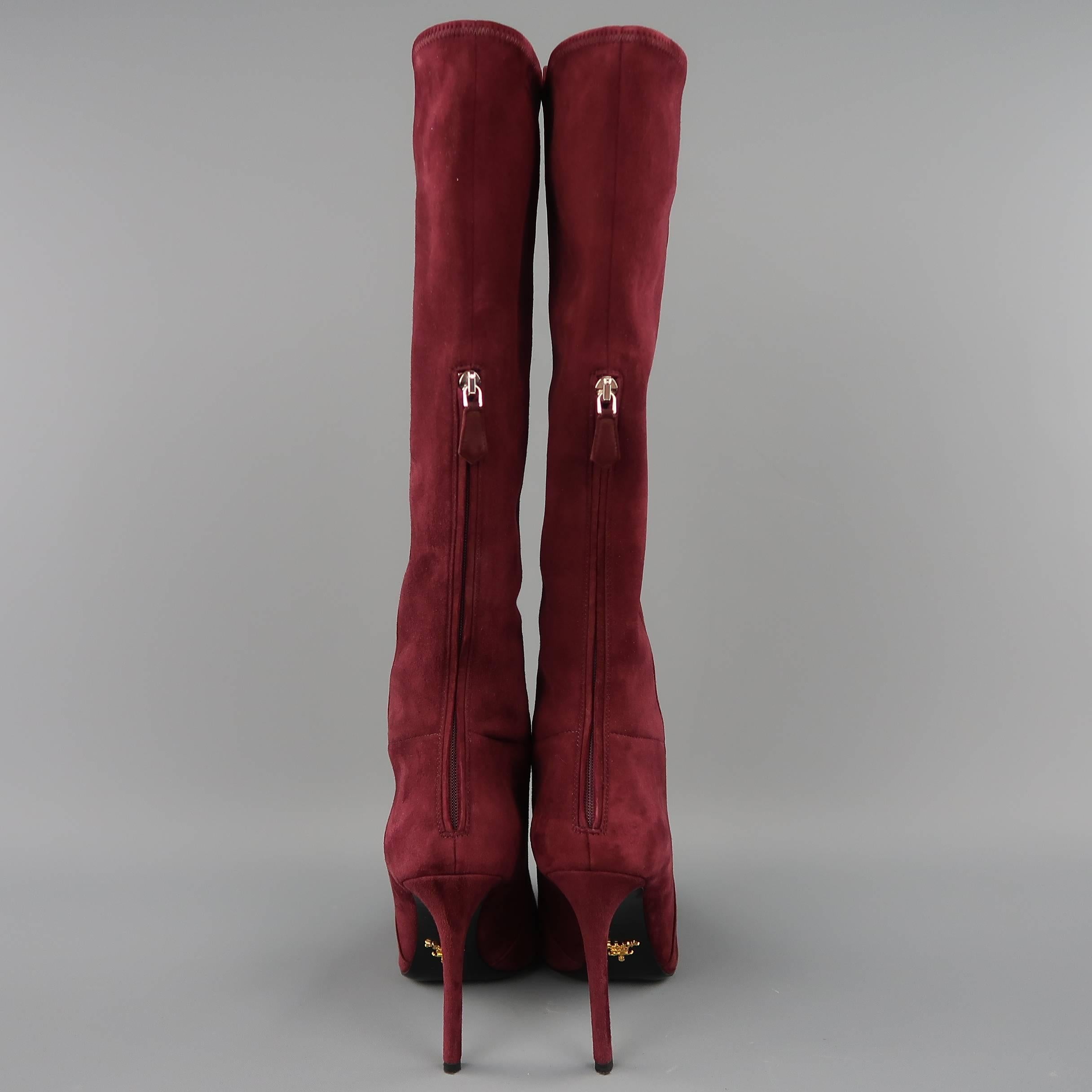 PRADA Size 8.5 Burgundy Suede Pointed Knee High Stiletto Boots 2