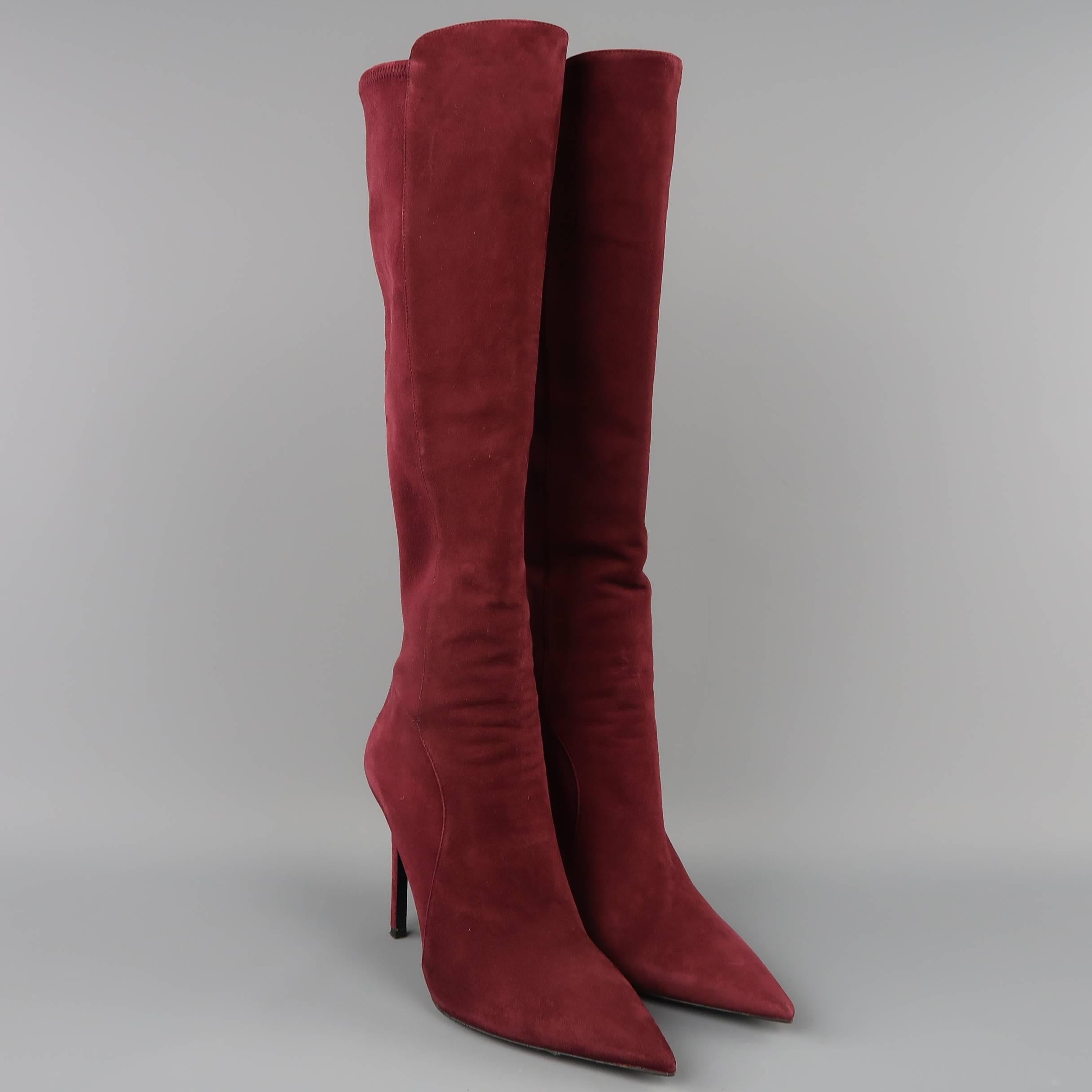 Brown PRADA Size 8.5 Burgundy Suede Pointed Knee High Stiletto Boots