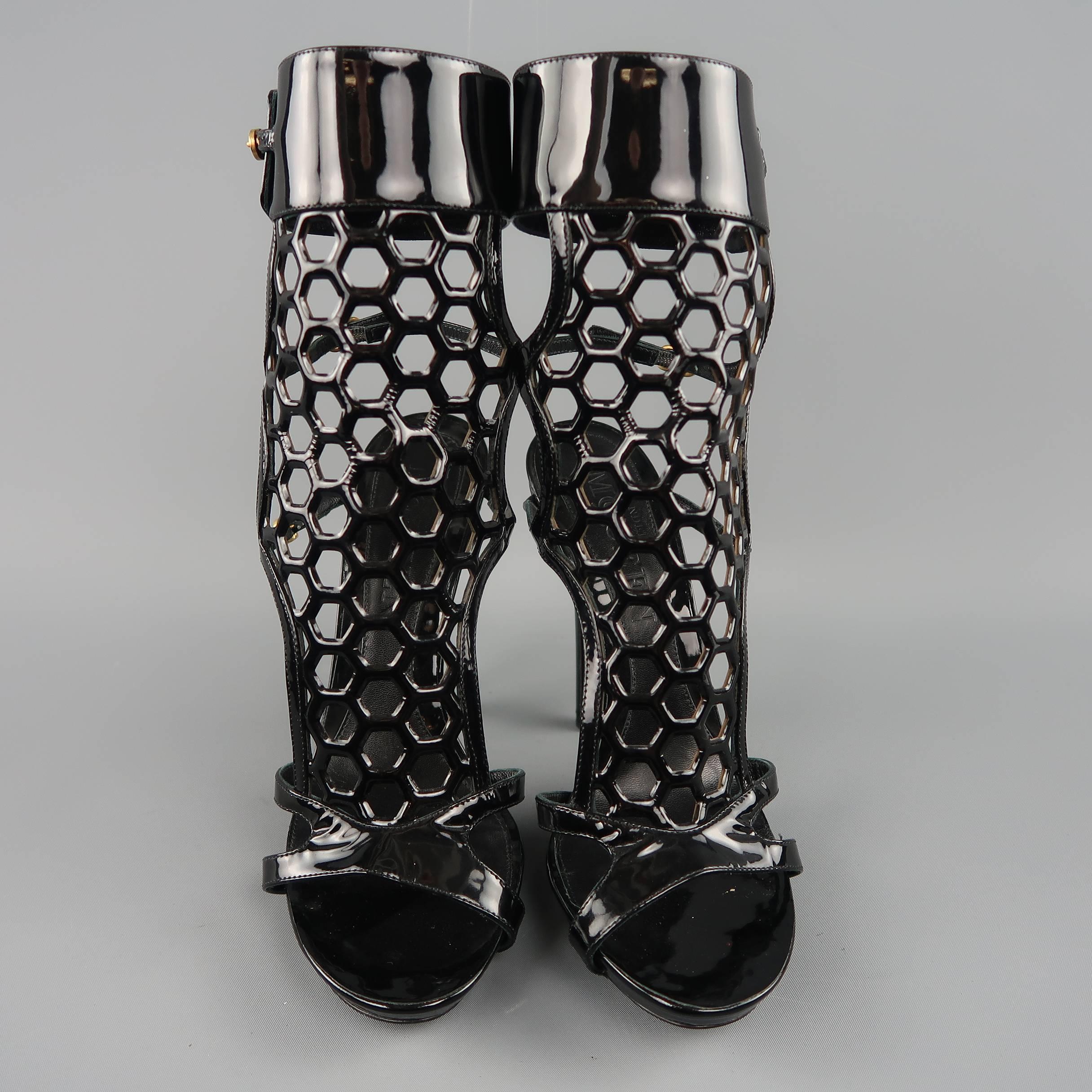 ALEXANDER MCQUEEN Size 9 Black Patent Leather Honeycomb Cutout Sandals 3