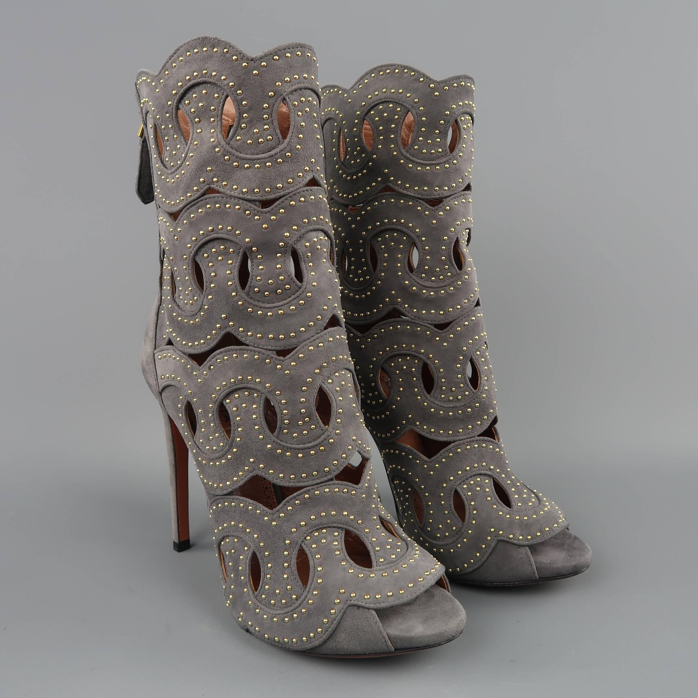 ALAIA Size 8.5 Gray Studded Cutout Suede Ankle Peep Toe Boots In New Condition In San Francisco, CA