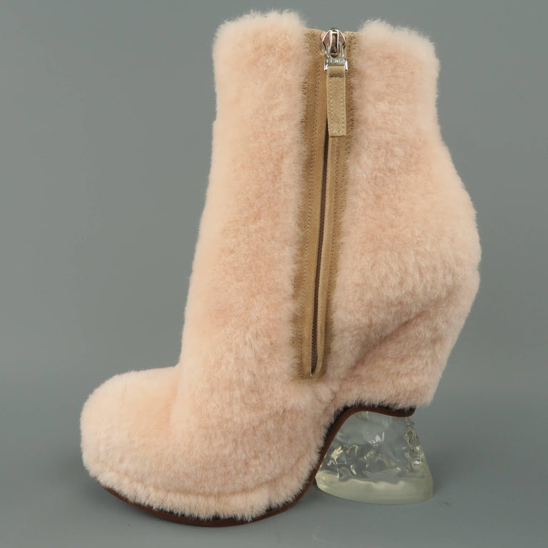 Fendi Boots Fall 2015 Runway Pink Shearling Fur Ice Heel