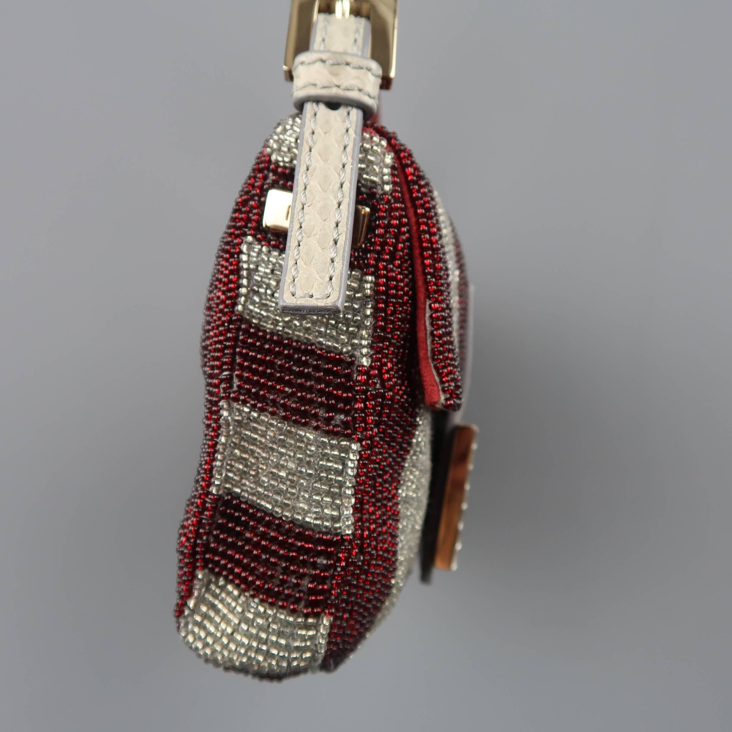 Black Fendi Bag Burgundy & Silver Beaded Crystal  Buckle Mini Baguette Handbag