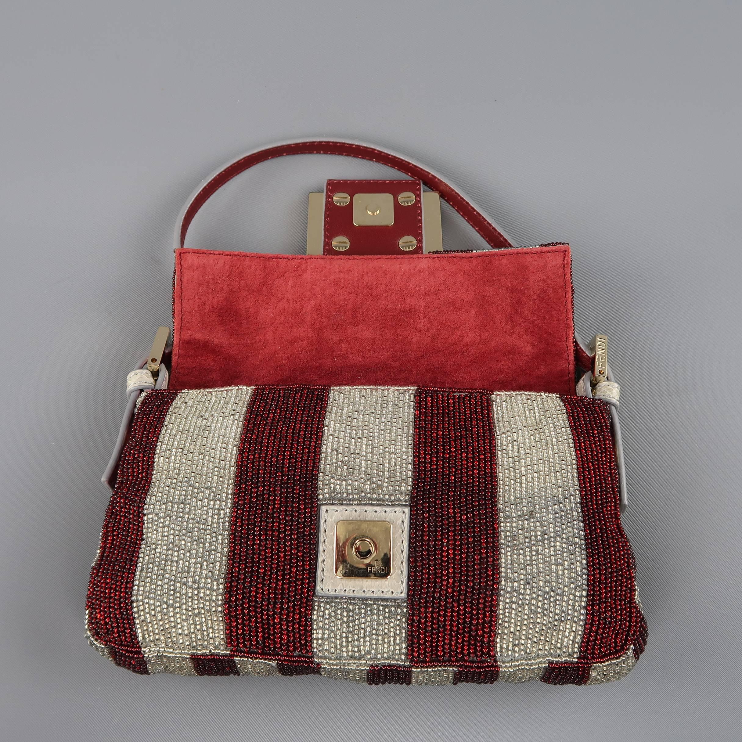 Fendi Bag Burgundy & Silver Beaded Crystal  Buckle Mini Baguette Handbag 4