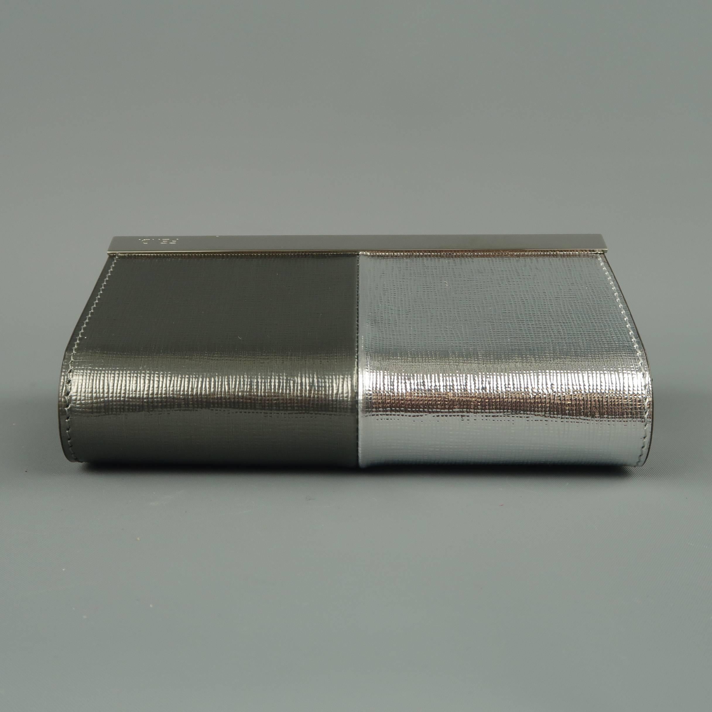 FENDI Two Tone Metallic Silver Leather Evening Mini Rush Clutch Handbag 3