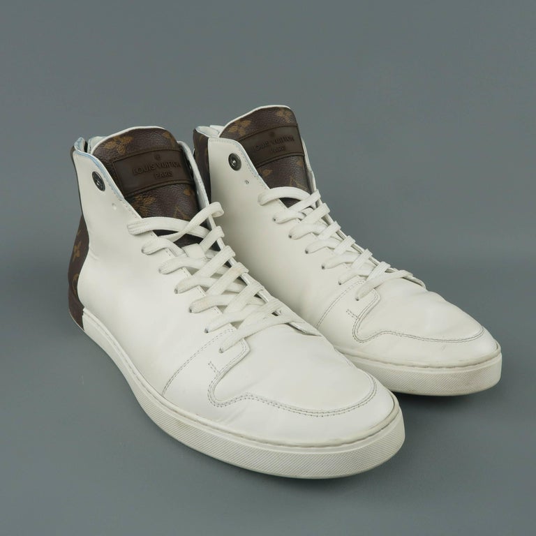 Louis Vuitton Men's White Leather Brown Monogram Canvas Heel High Tops at 1stdibs