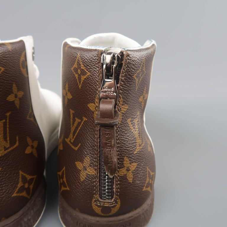 Louis Vuitton Men&#39;s White Leather Brown Monogram Canvas Heel High Tops at 1stdibs