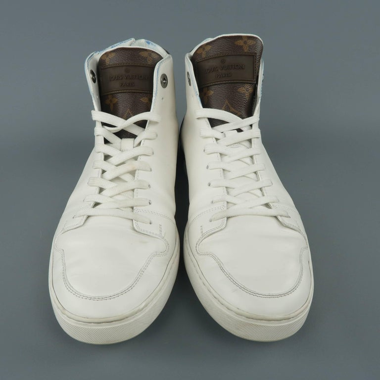 Louis Vuitton Men's White Leather Brown Monogram Canvas Heel High Tops at  1stDibs