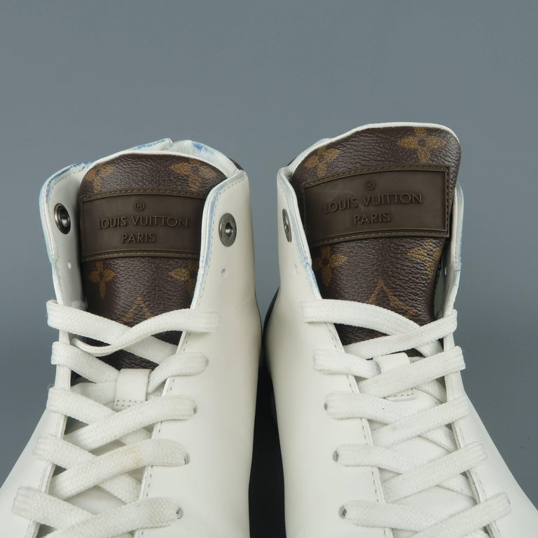 Louis Vuitton Men&#39;s White Leather Brown Monogram Canvas Heel High Tops at 1stdibs