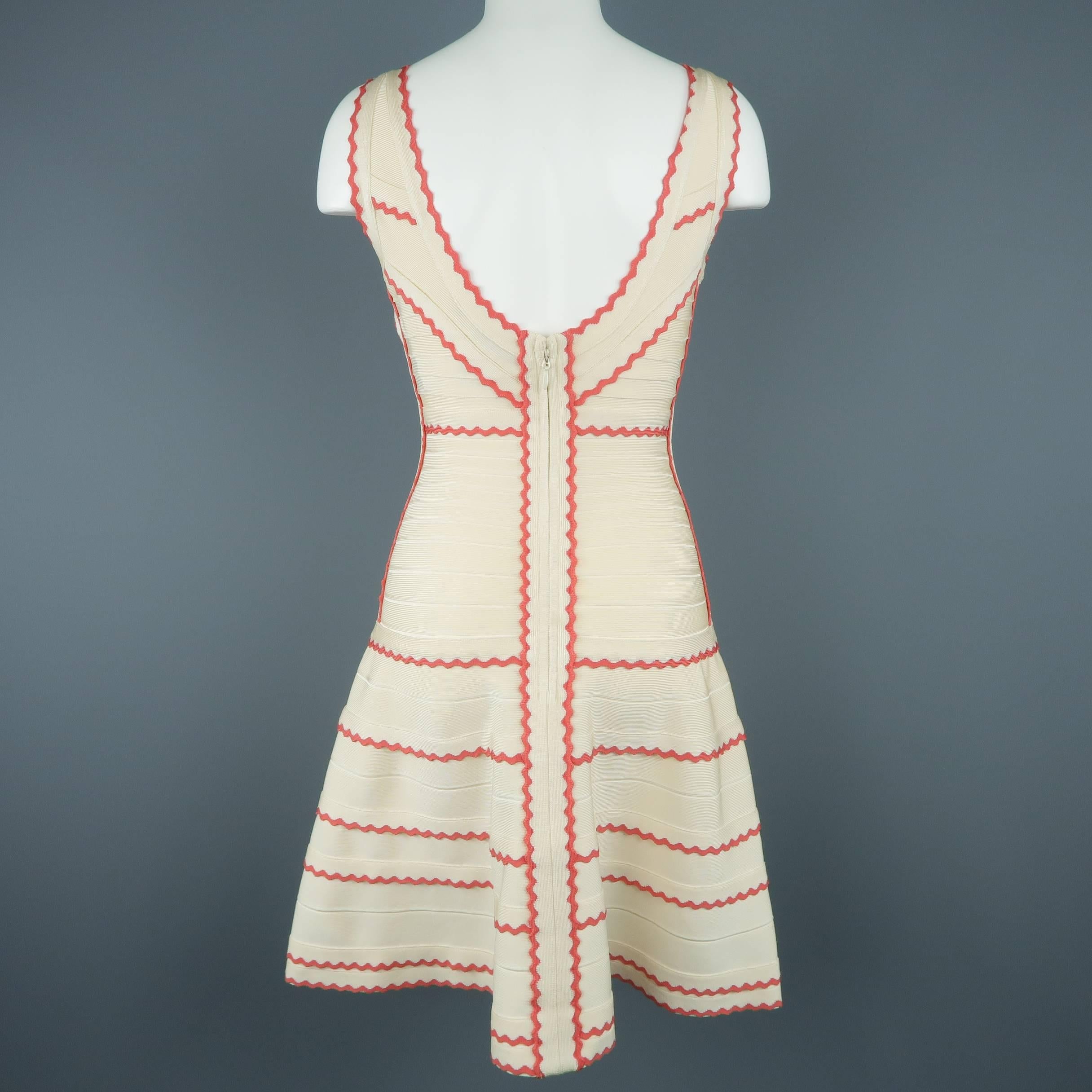 Herve Leger Beige and Coral Scalloped Bandage Hanah Dress 3
