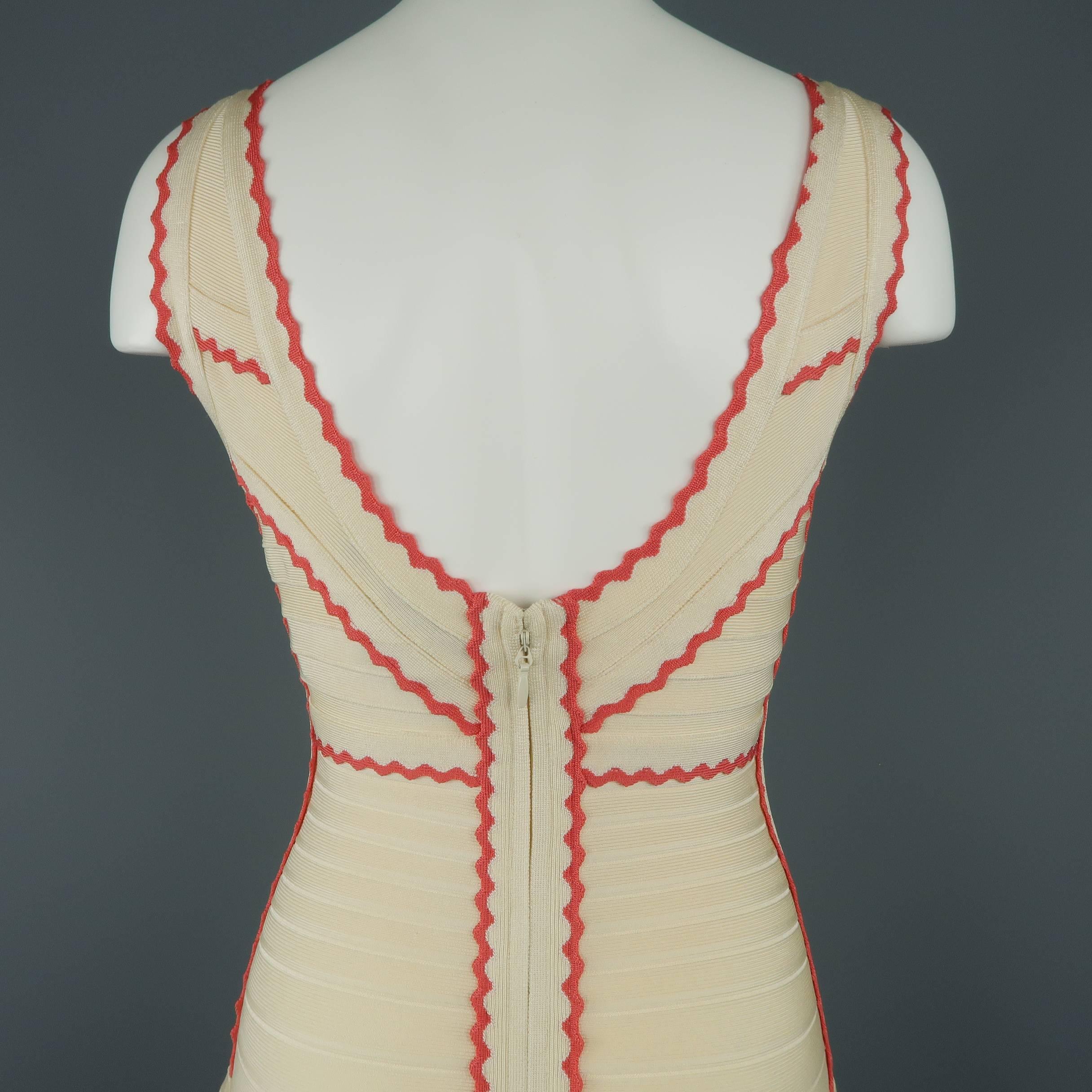Herve Leger Beige and Coral Scalloped Bandage Hanah Dress 4