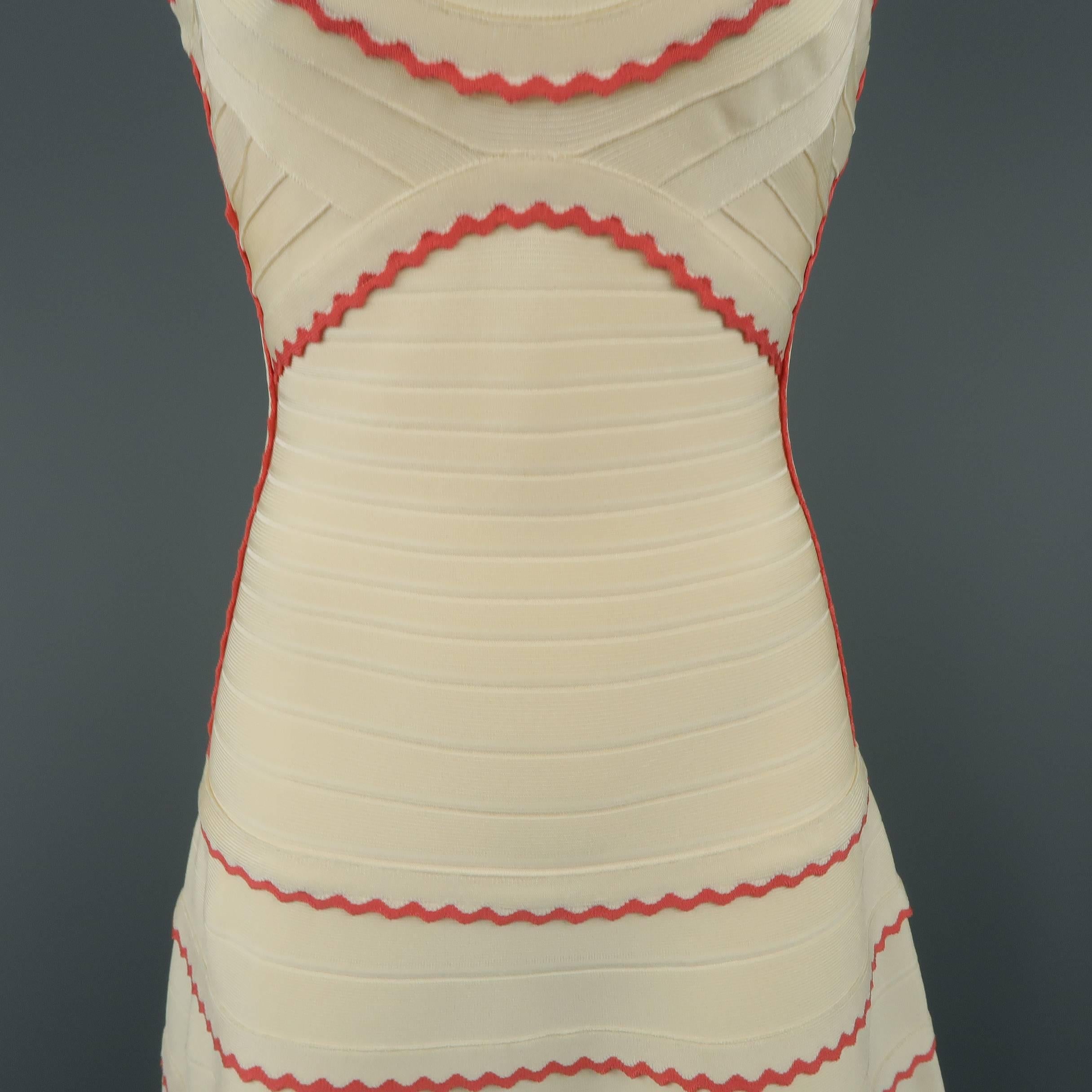 Herve Leger Beige and Coral Scalloped Bandage Hanah Dress In Excellent Condition In San Francisco, CA