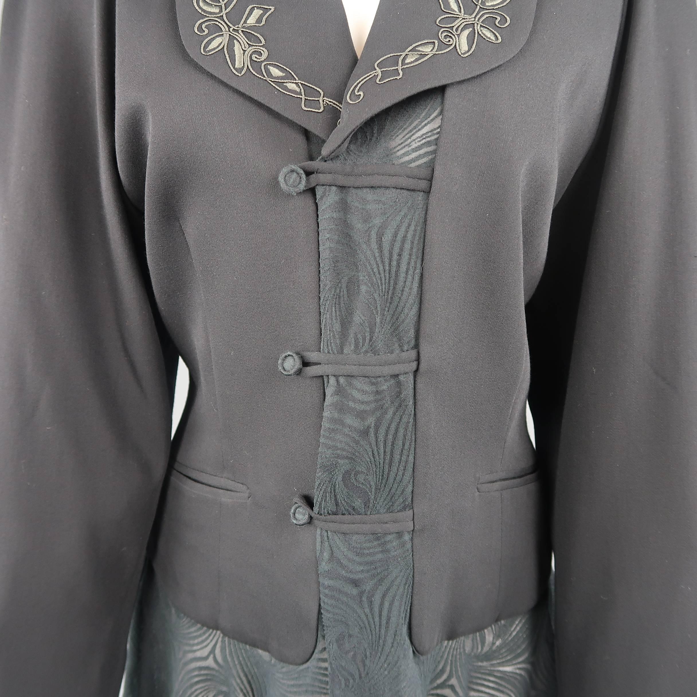 Matsuda Black Embroidered Lapel Moire Burnout Peplum Jacket In Good Condition In San Francisco, CA