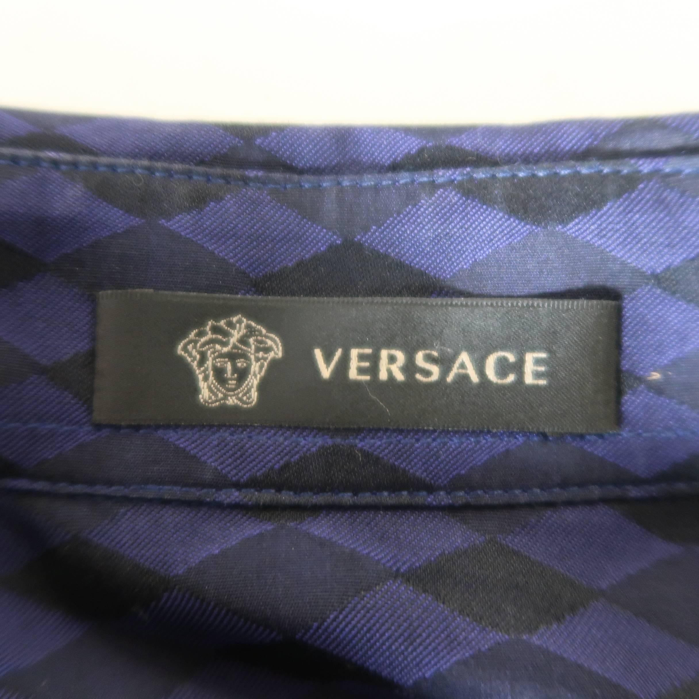 Versace Men's Indigo Purple Harlequin Diamond Checkered Cotton Long Sleeve Shirt 1