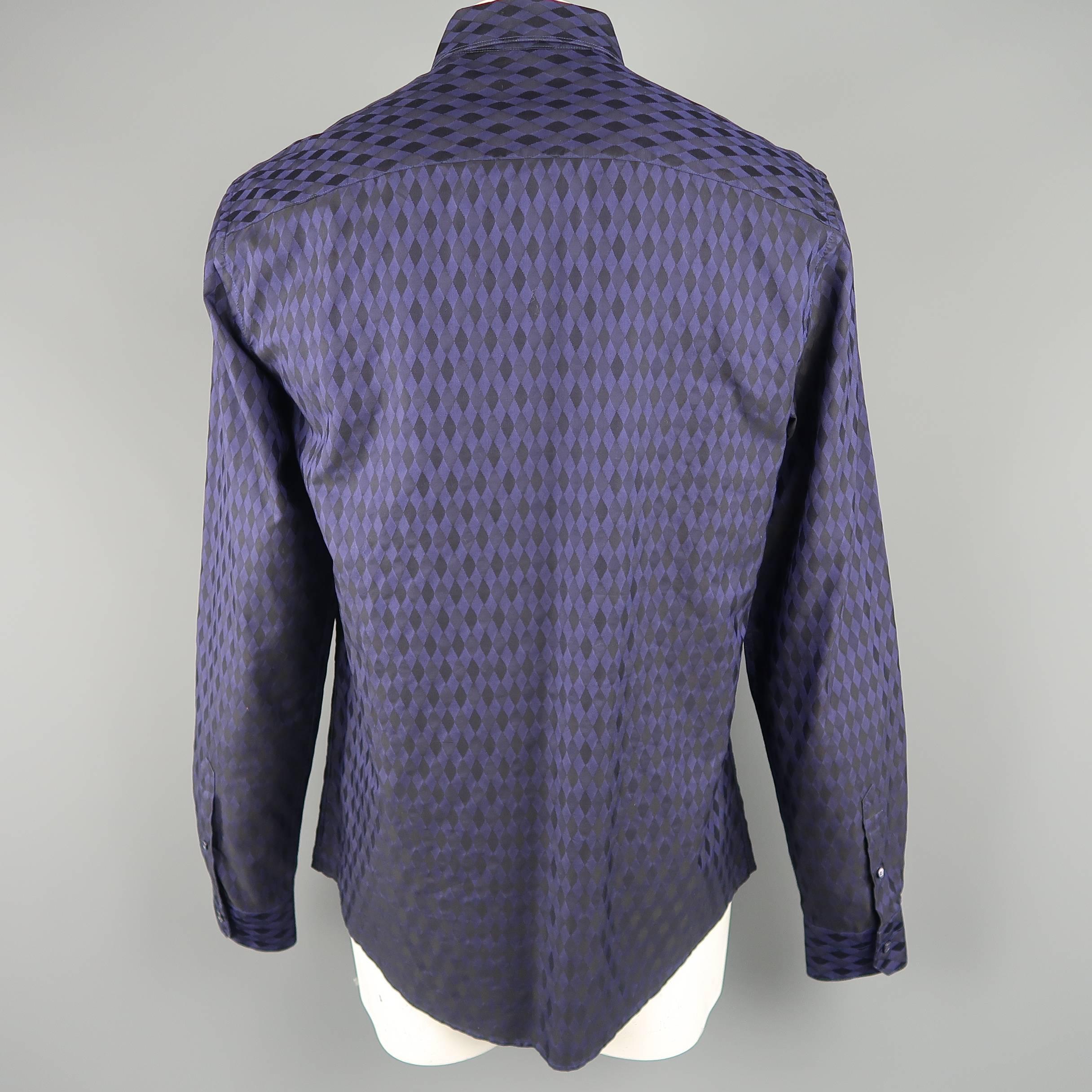 Blue Versace Men's Indigo Purple Harlequin Diamond Checkered Cotton Long Sleeve Shirt