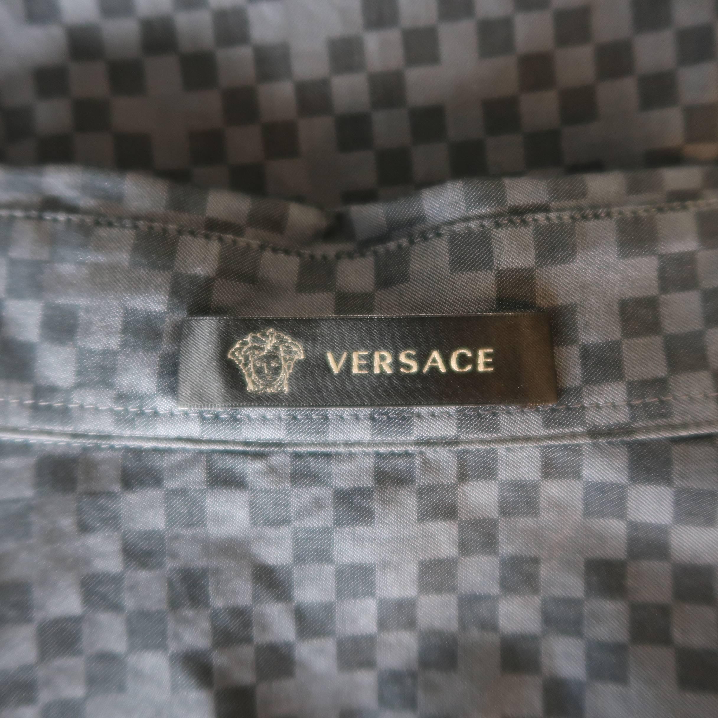 Versace Men's Gray Checkered Cross Pattern Cotton Long Sleeve Shirt 2