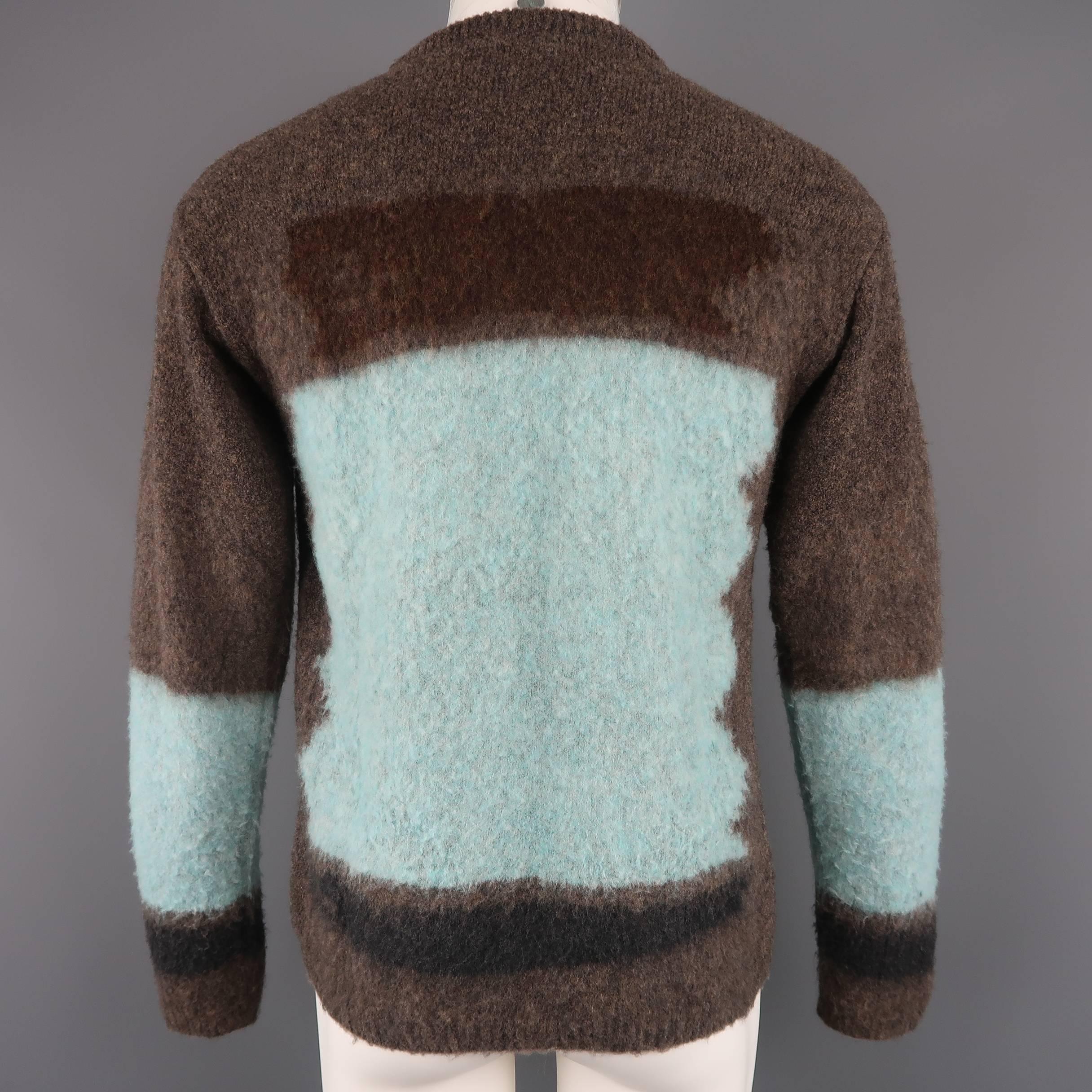 Black Gianni Versace Taupe and Aqua Blue Color Block Textured Pullover Sweater