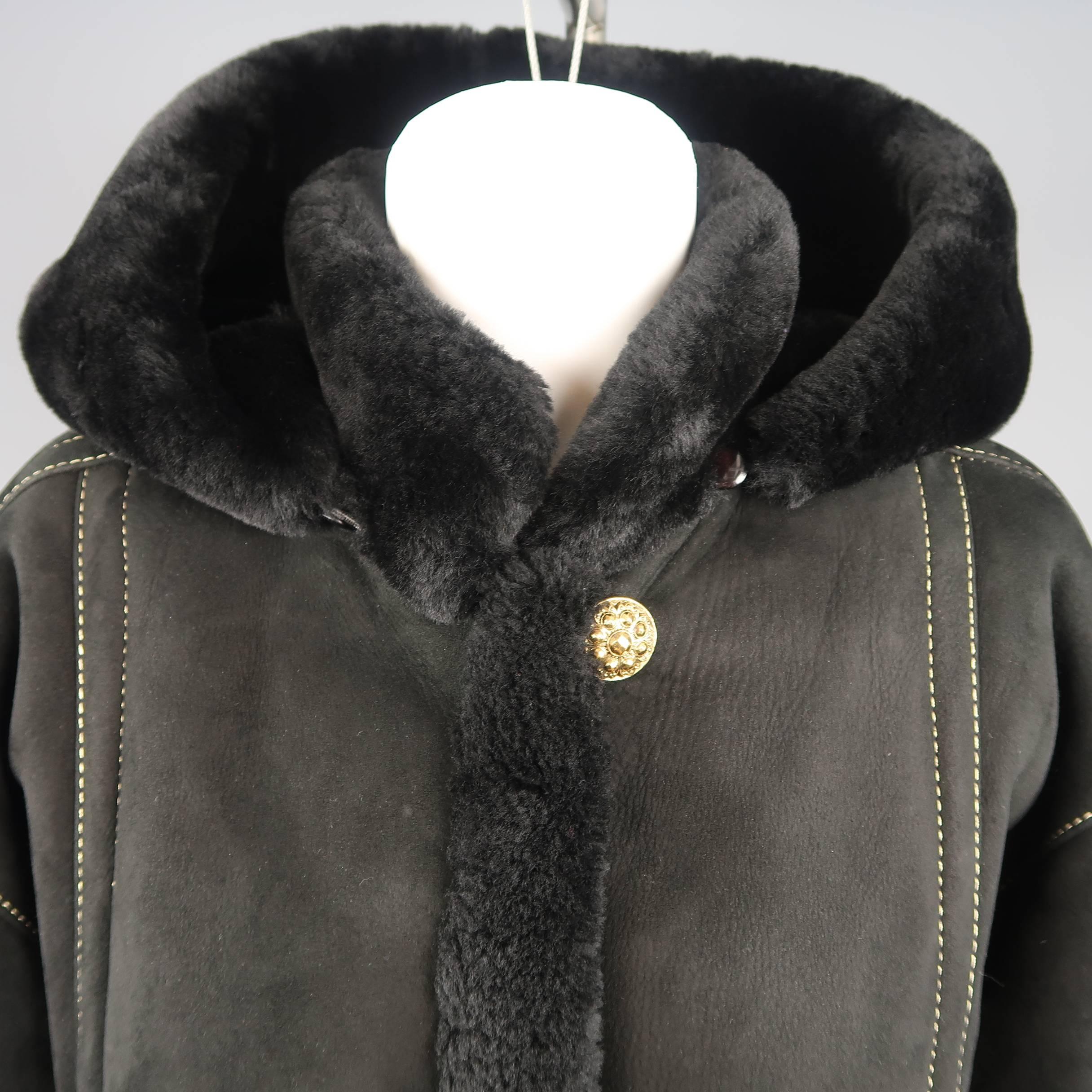 Yves Saint Laurent Coat - Vintage Black shearling Gold Hooded Jacket 5