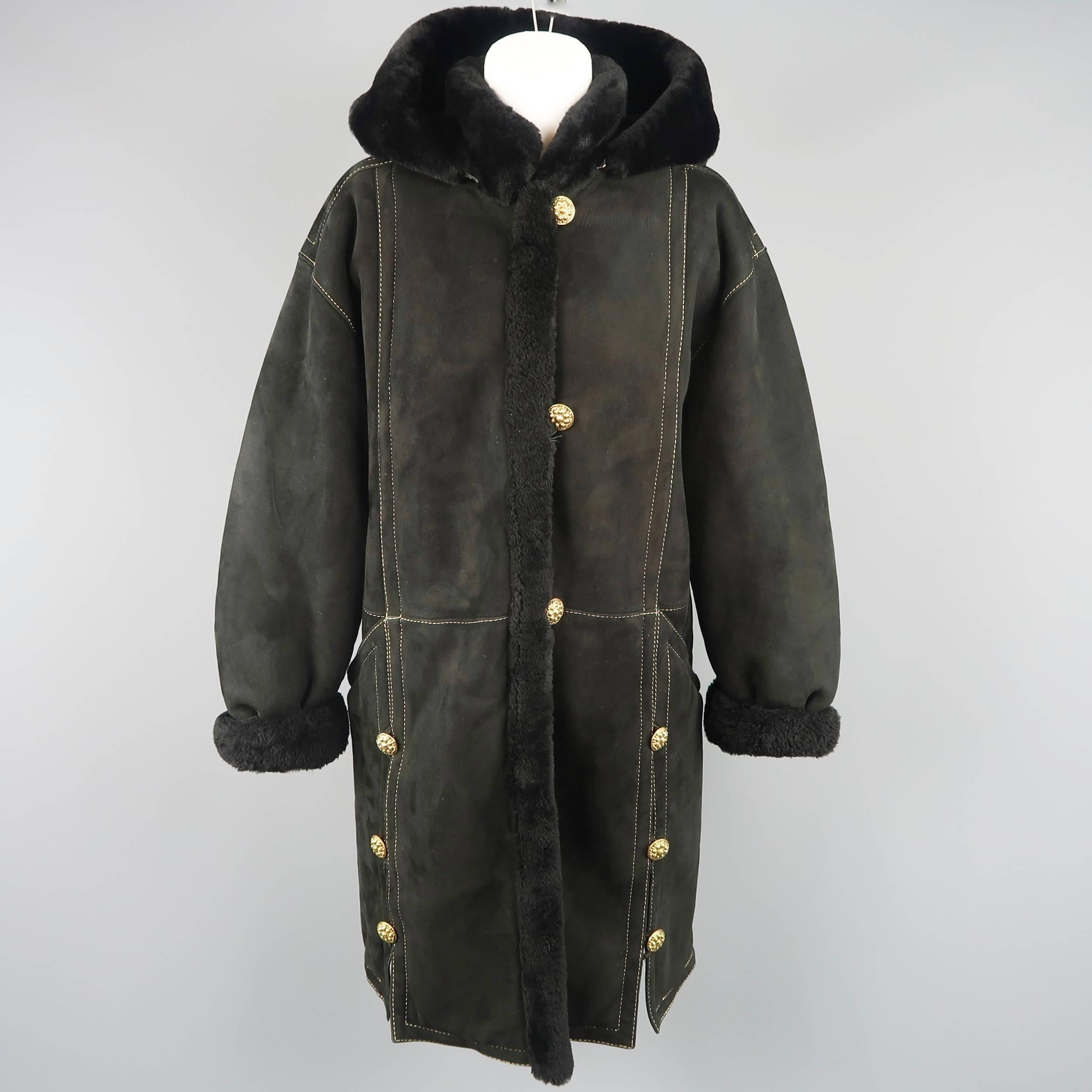 Yves Saint Laurent Coat - Vintage Black shearling Gold Hooded Jacket 4