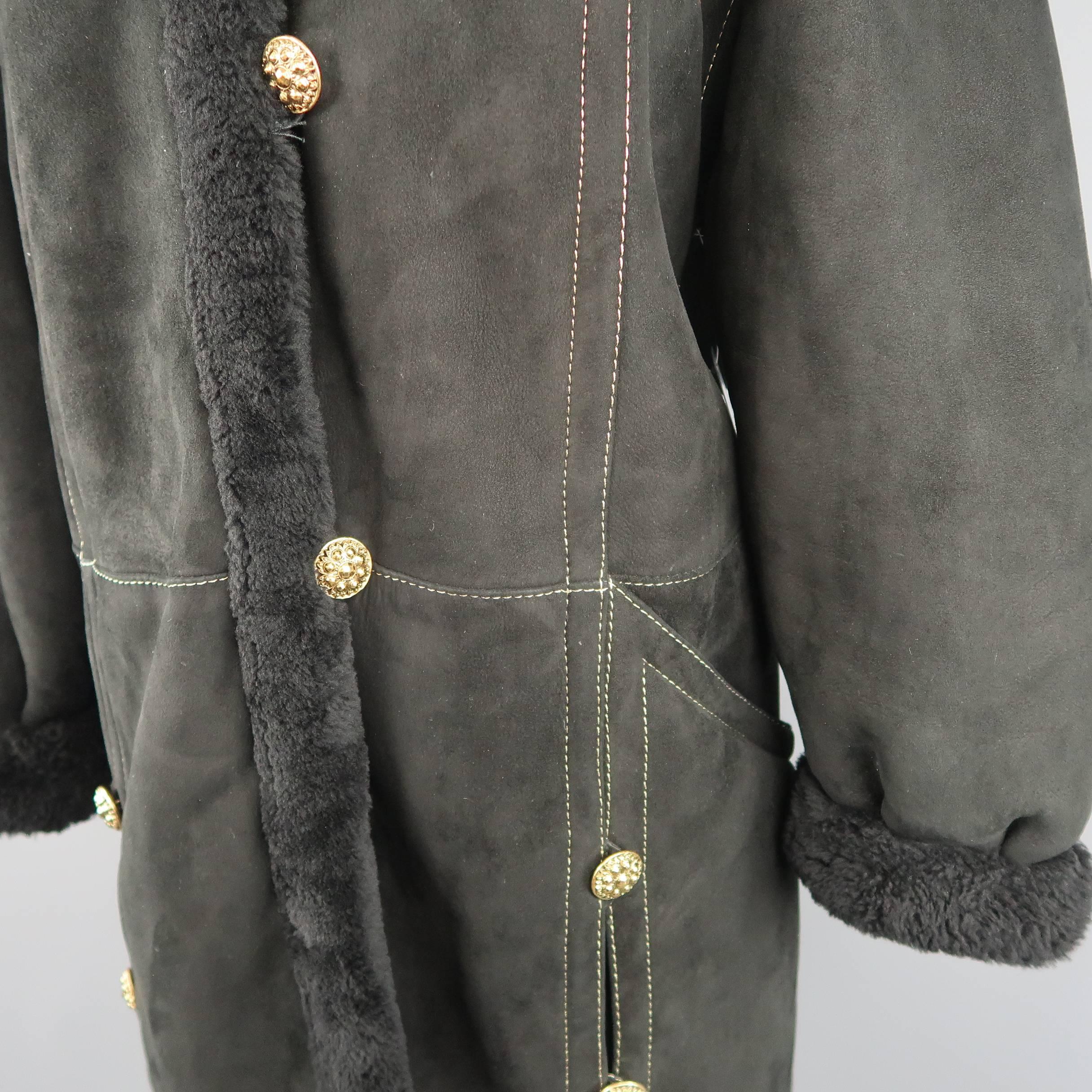 Yves Saint Laurent Coat - Vintage Black shearling Gold Hooded Jacket In Good Condition In San Francisco, CA