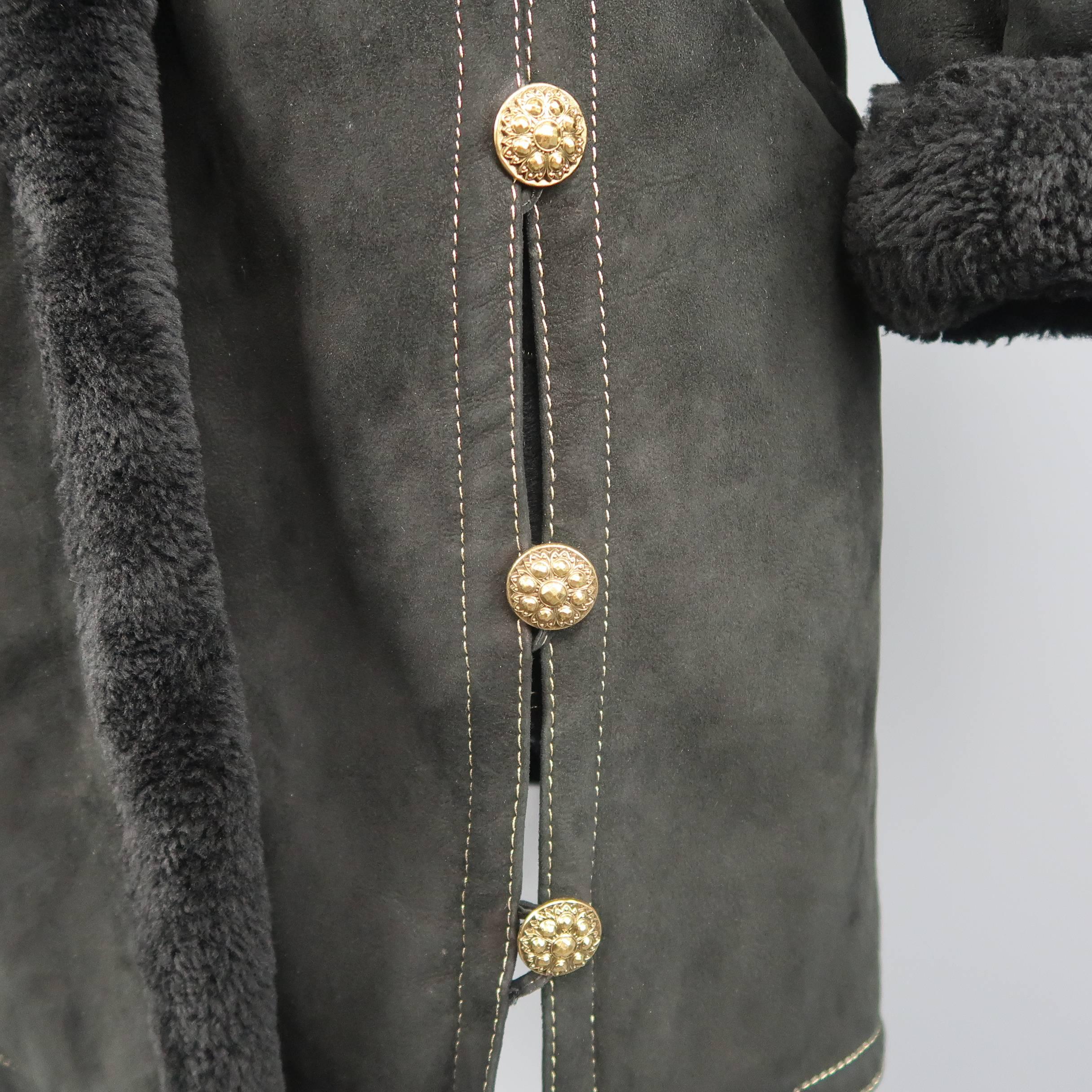 Yves Saint Laurent Coat - Vintage Black shearling Gold Hooded Jacket 1