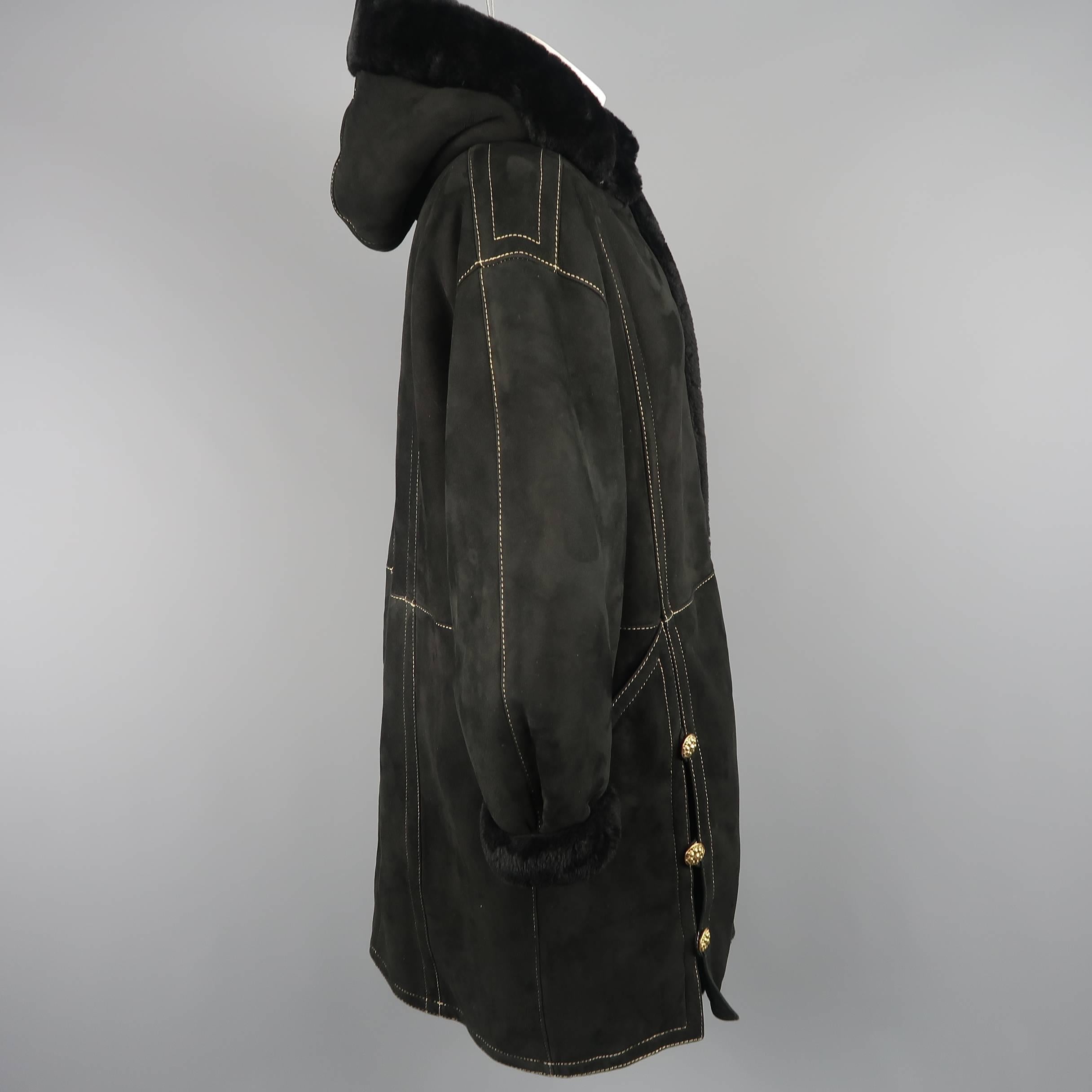 Yves Saint Laurent Coat - Vintage Black shearling Gold Hooded Jacket 6