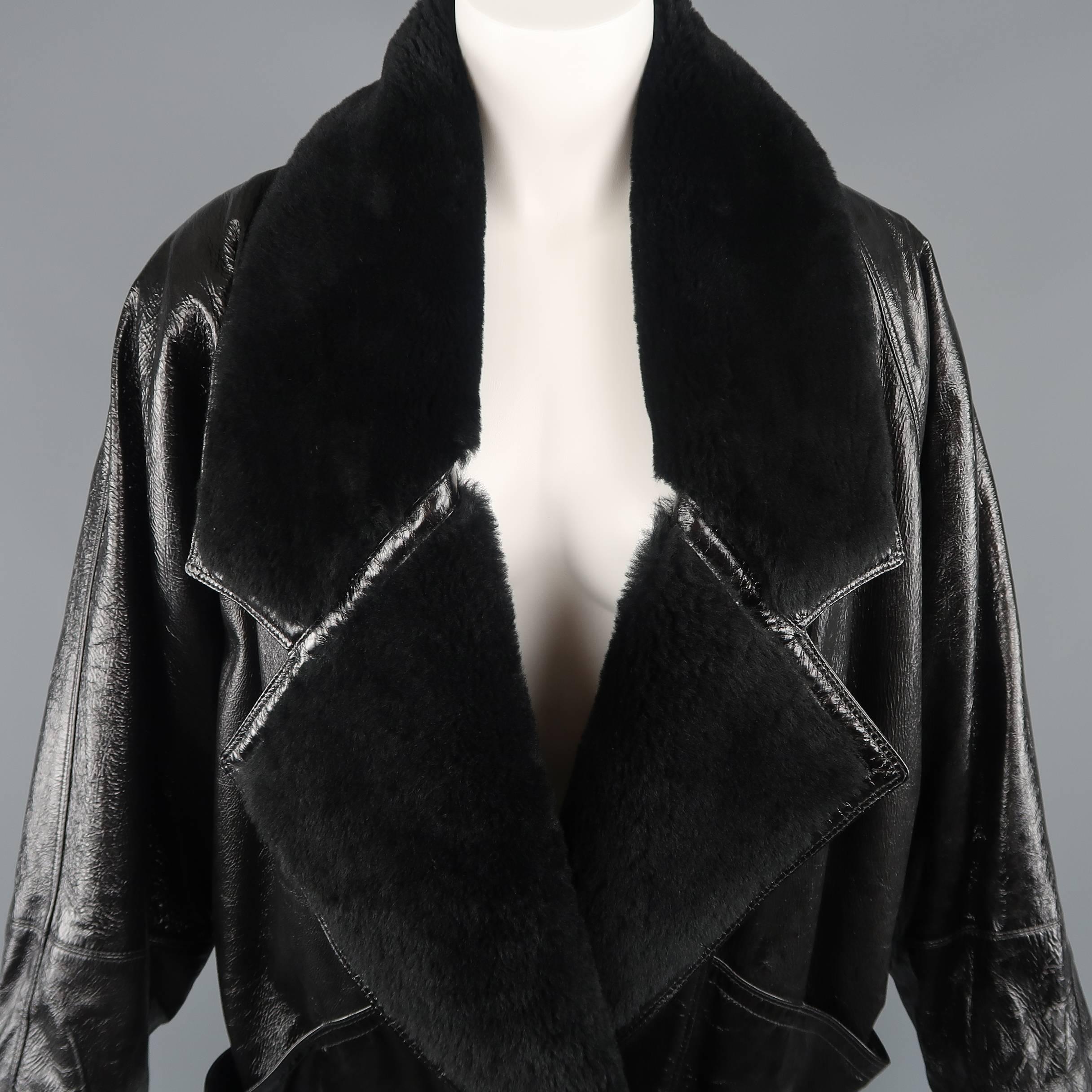 Women's or Men's Gianni Versace Coat - Vintage Black Leather Shearling Collar, 1980s Jacket