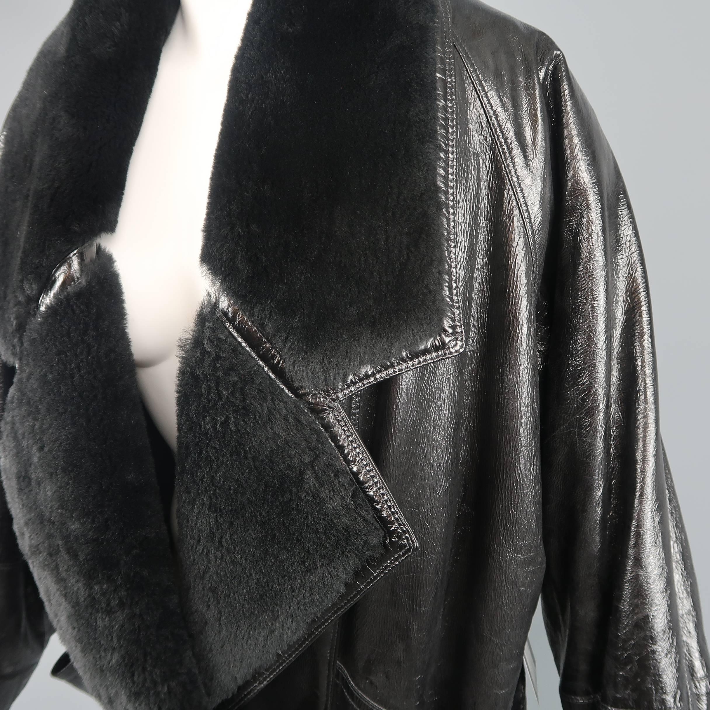 Gianni Versace Coat - Vintage Black Leather Shearling Collar, 1980s Jacket 1
