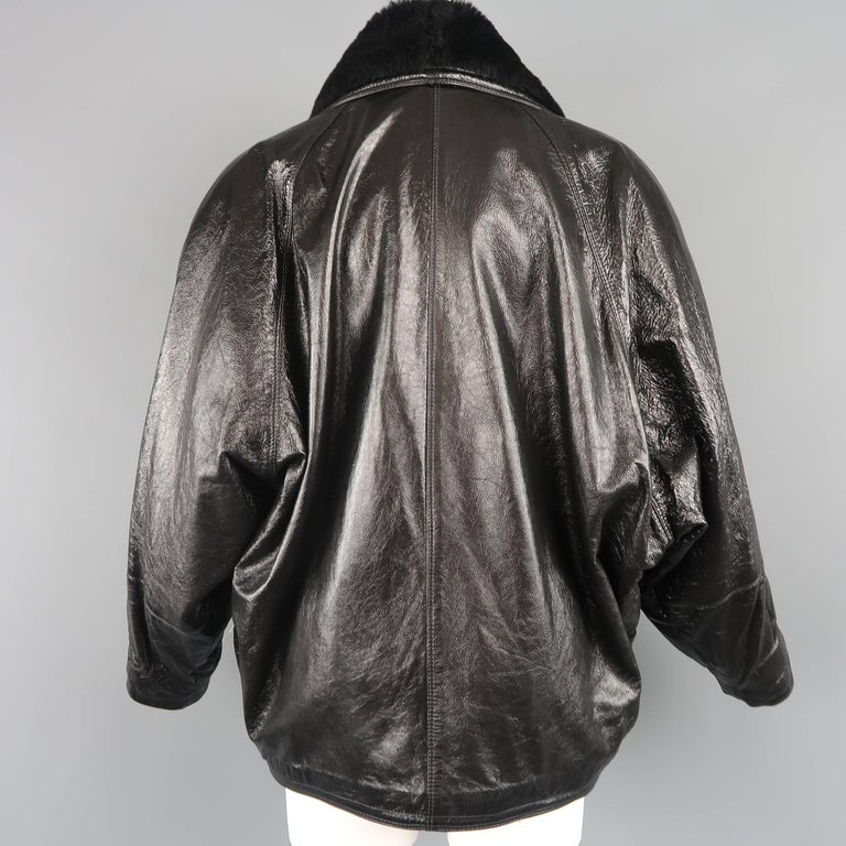 Gianni Versace Coat Vintage Black Leather Shearling Collar, 1980s Jacket at 1stDibs