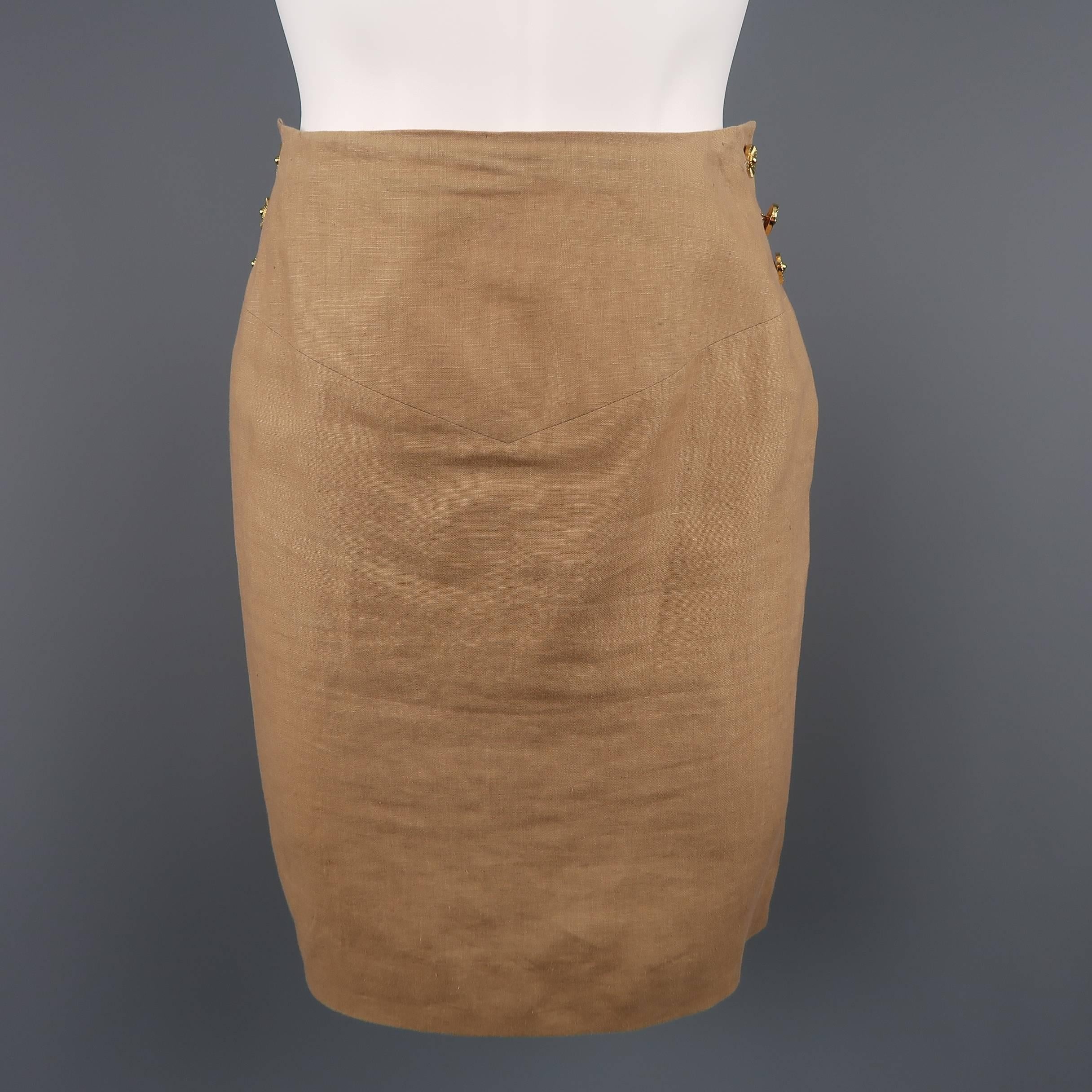 Women's Chanel Skirt Suit - Vintage Tan Linen Double Breasted, 1990 