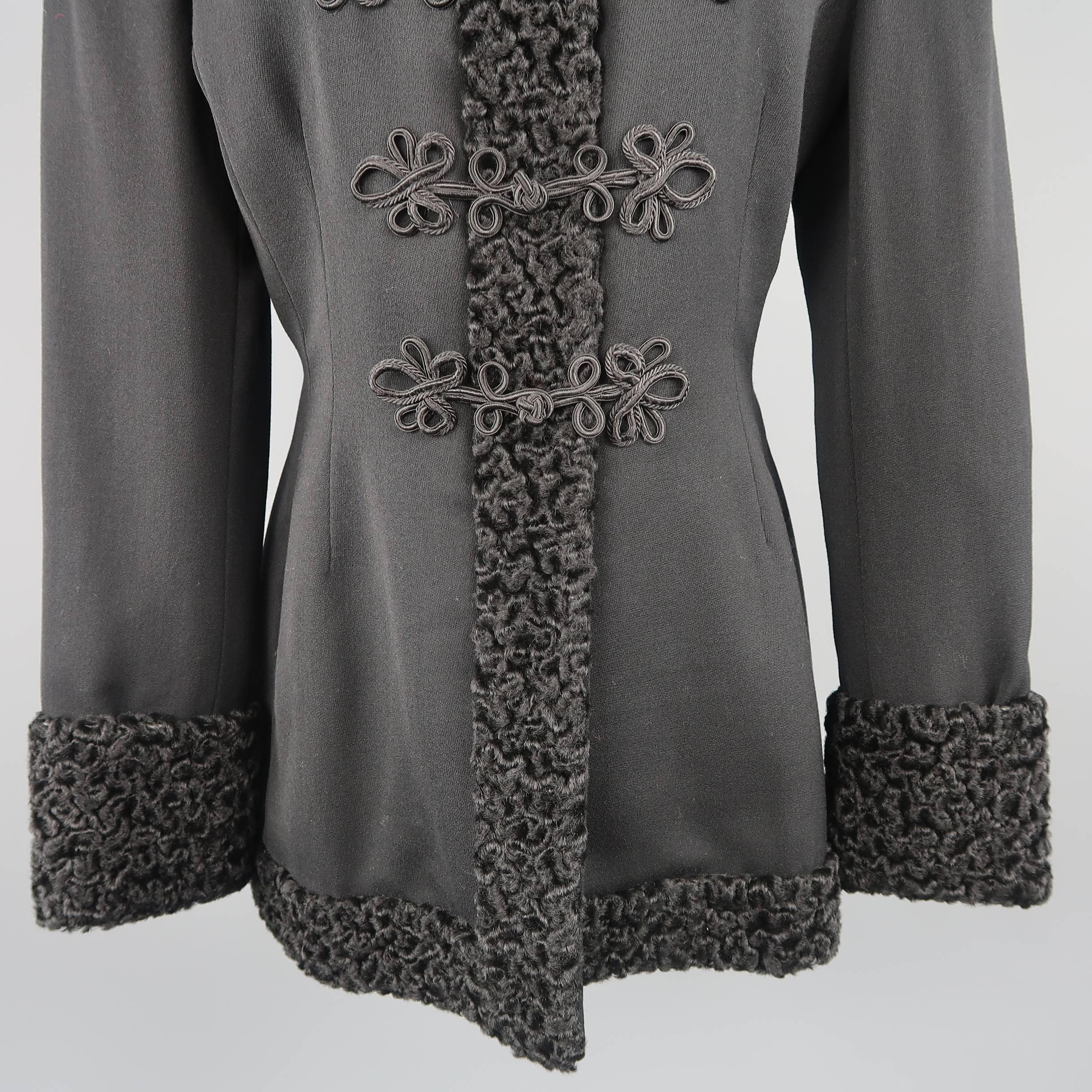 Women's Ralph Lauren Black Wool High Collar Lamb Fur Trim Frog Closure Coat