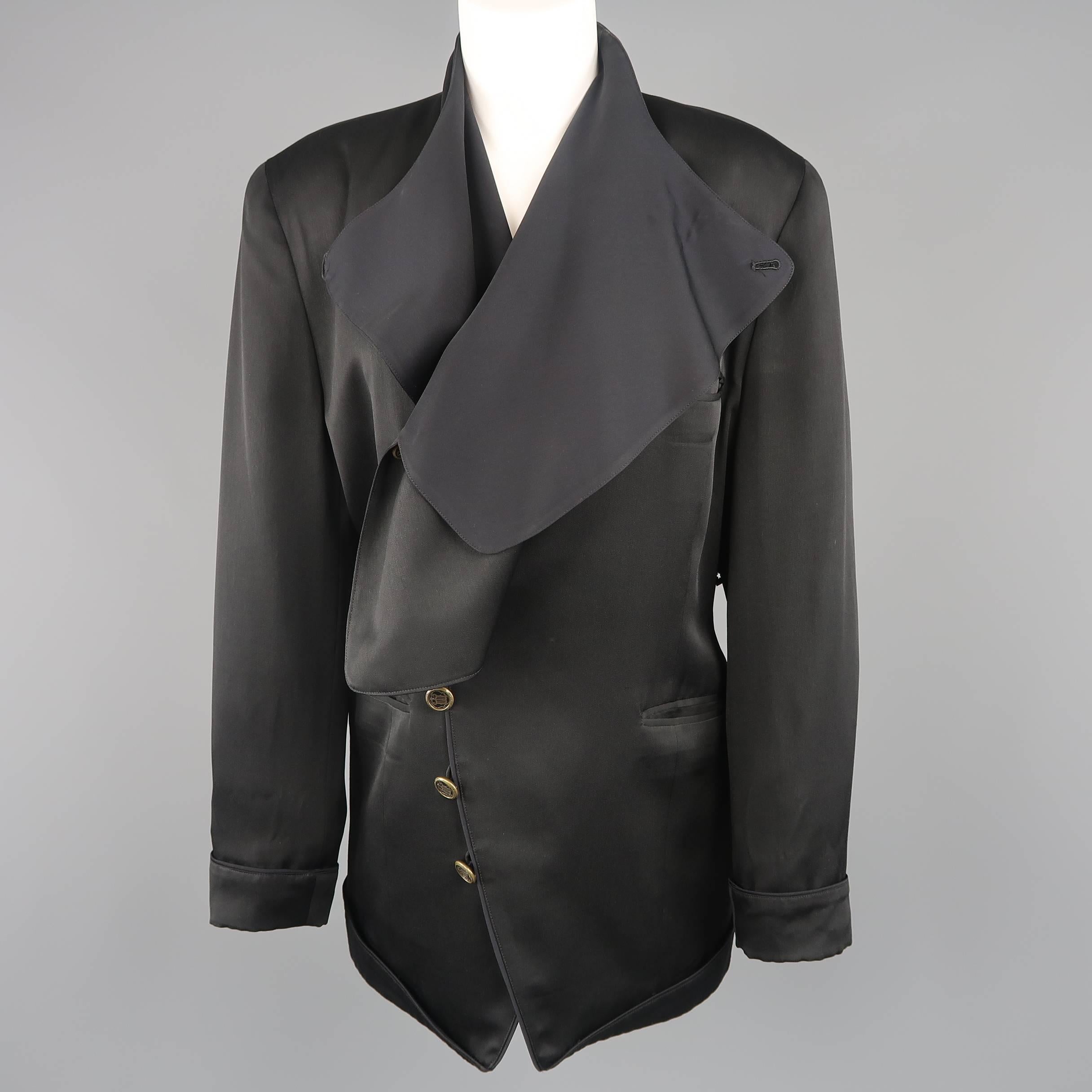 Vintage MATSUDA jacket comes in black semi matte satin material with a double breasted closure, gold tone buttons, draped satin lined lapel, and cuffed hem. Care tag faded. As-is. Otherwise excellent condition. Made in Japan.
 
Good Pre-Owned