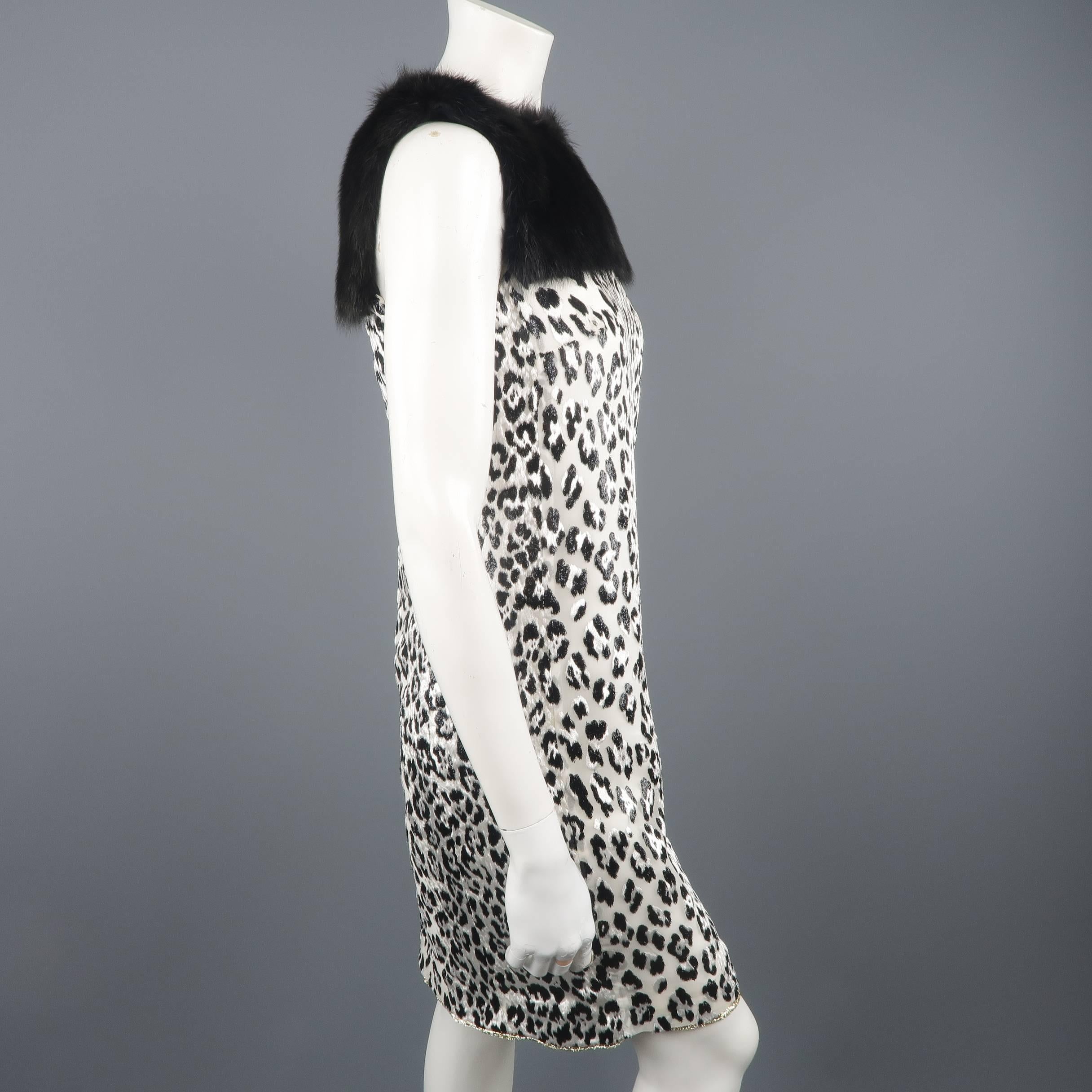 Giambattista Valli White and Black Leopard Jacquard Fur Panel Cocktail Dress 1