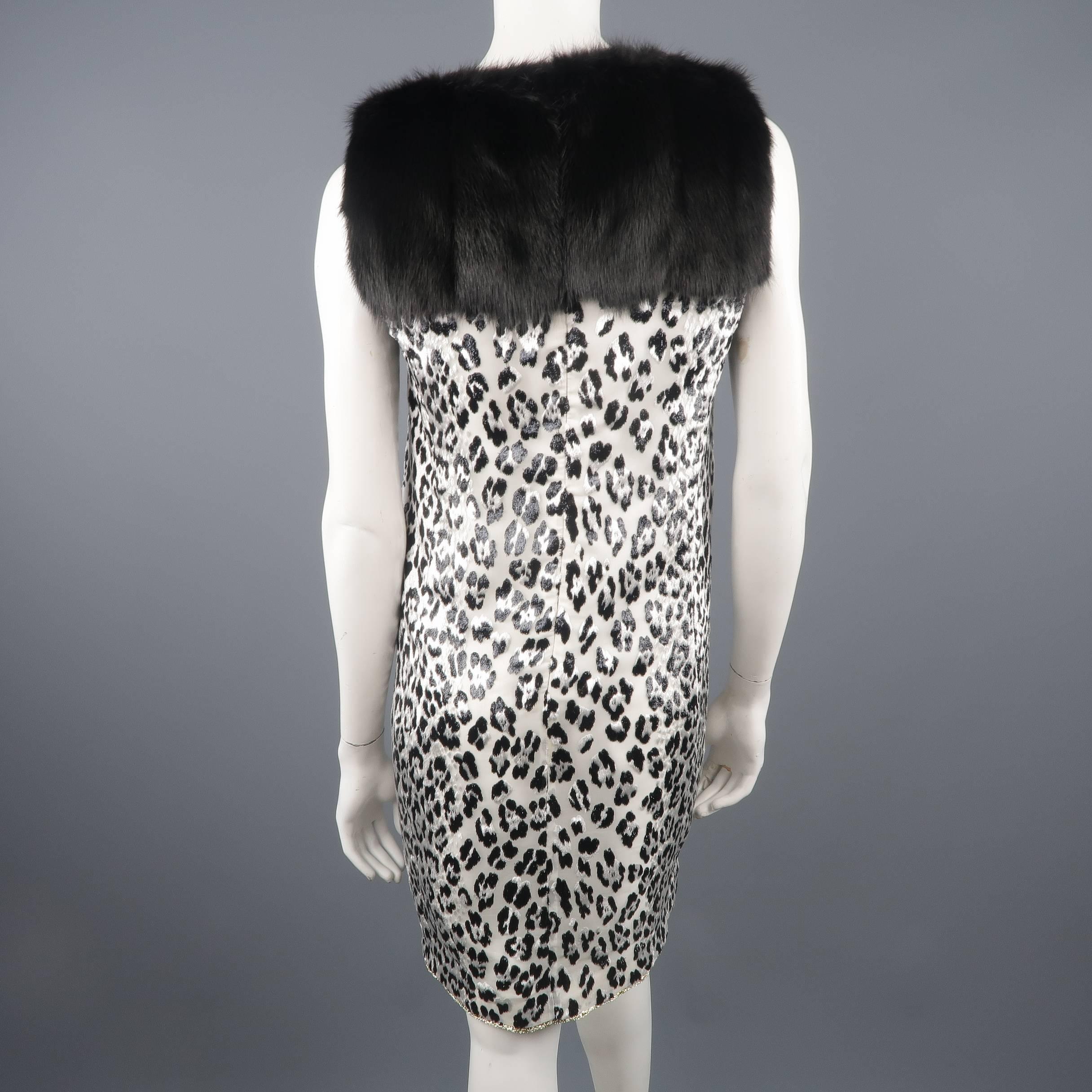 Giambattista Valli White and Black Leopard Jacquard Fur Panel Cocktail Dress 2