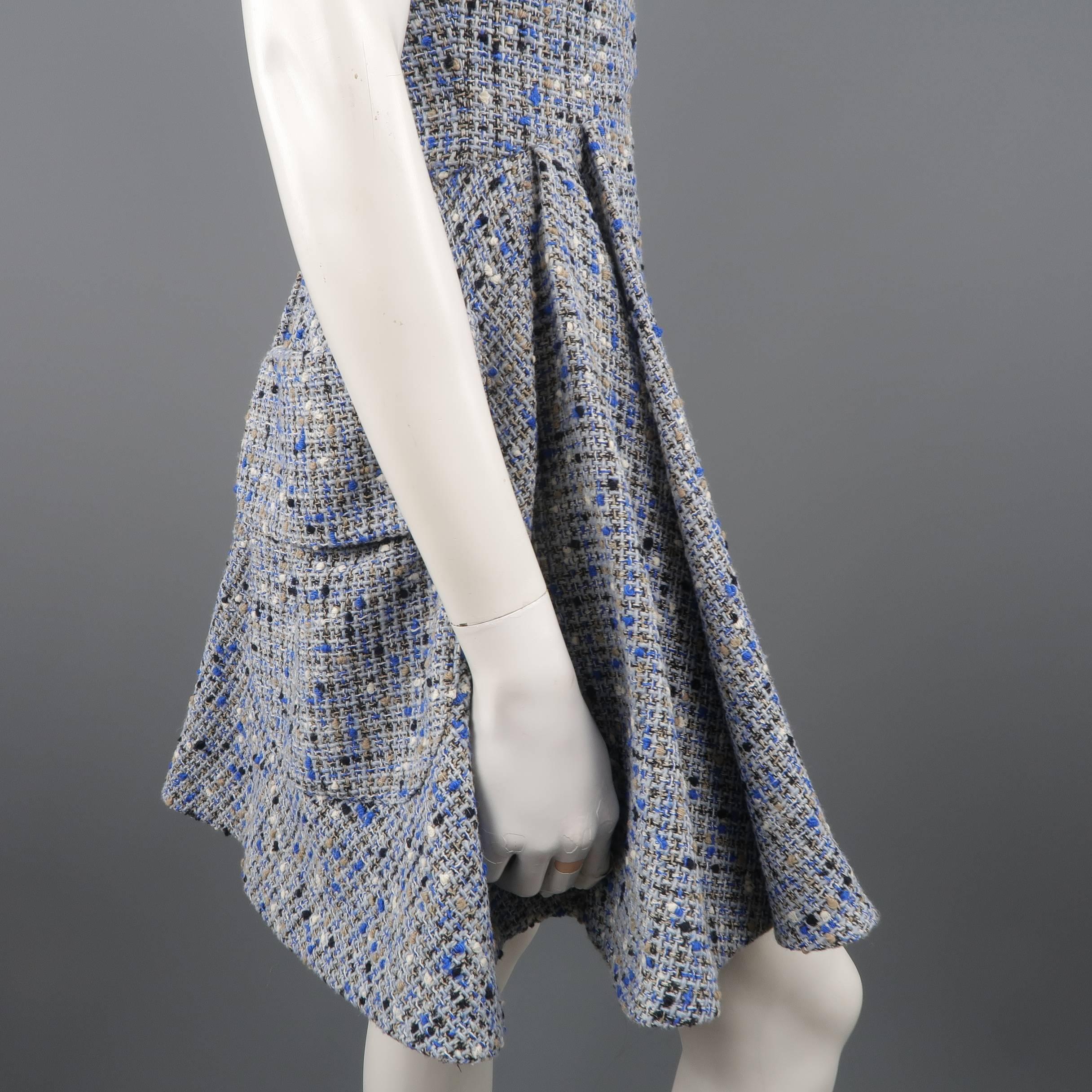 Christian Dior Blue Wool Blend Tweed V Neck Pleated Skirt Cocktail Dress In Excellent Condition In San Francisco, CA