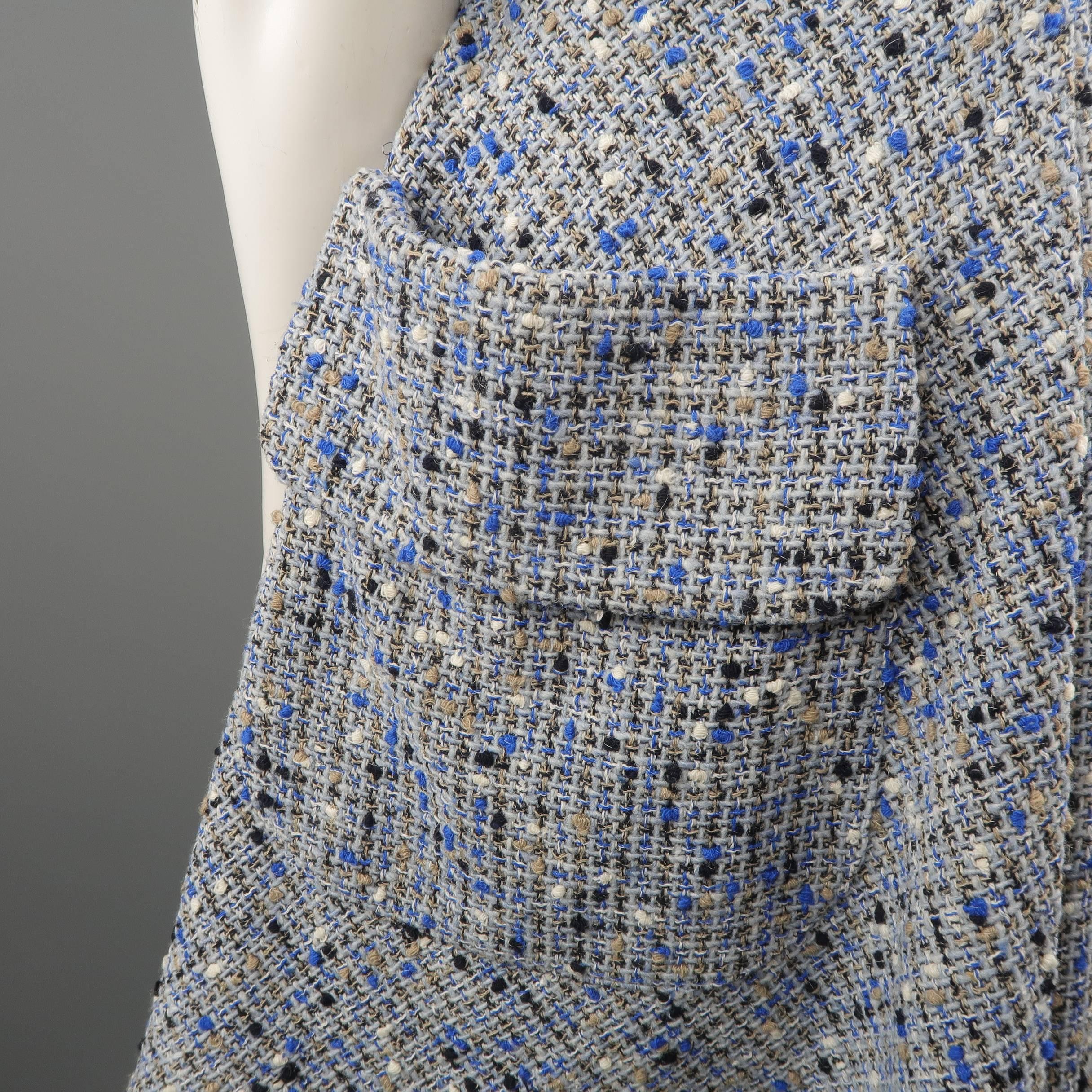 Christian Dior Blue Wool Blend Tweed V Neck Pleated Skirt Cocktail Dress 2