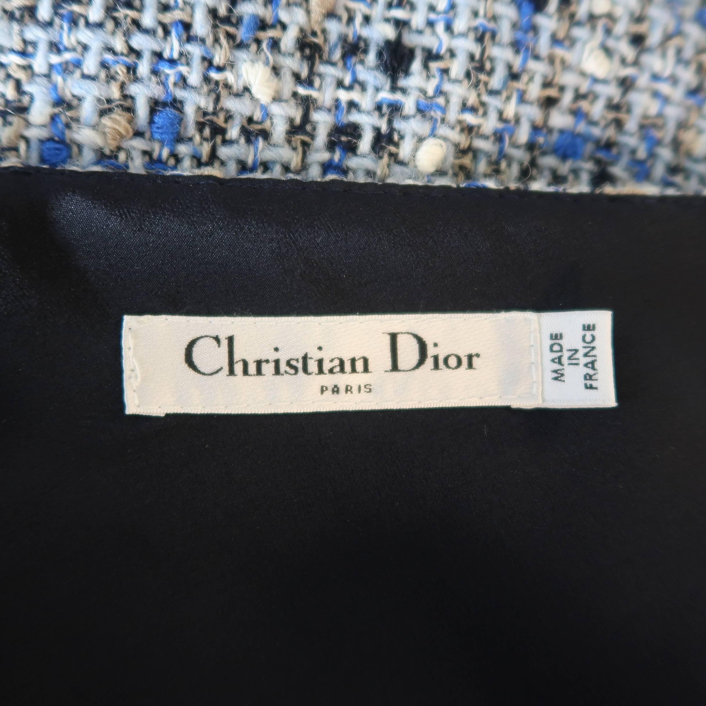 Christian Dior Blue Wool Blend Tweed V Neck Pleated Skirt Cocktail Dress 3
