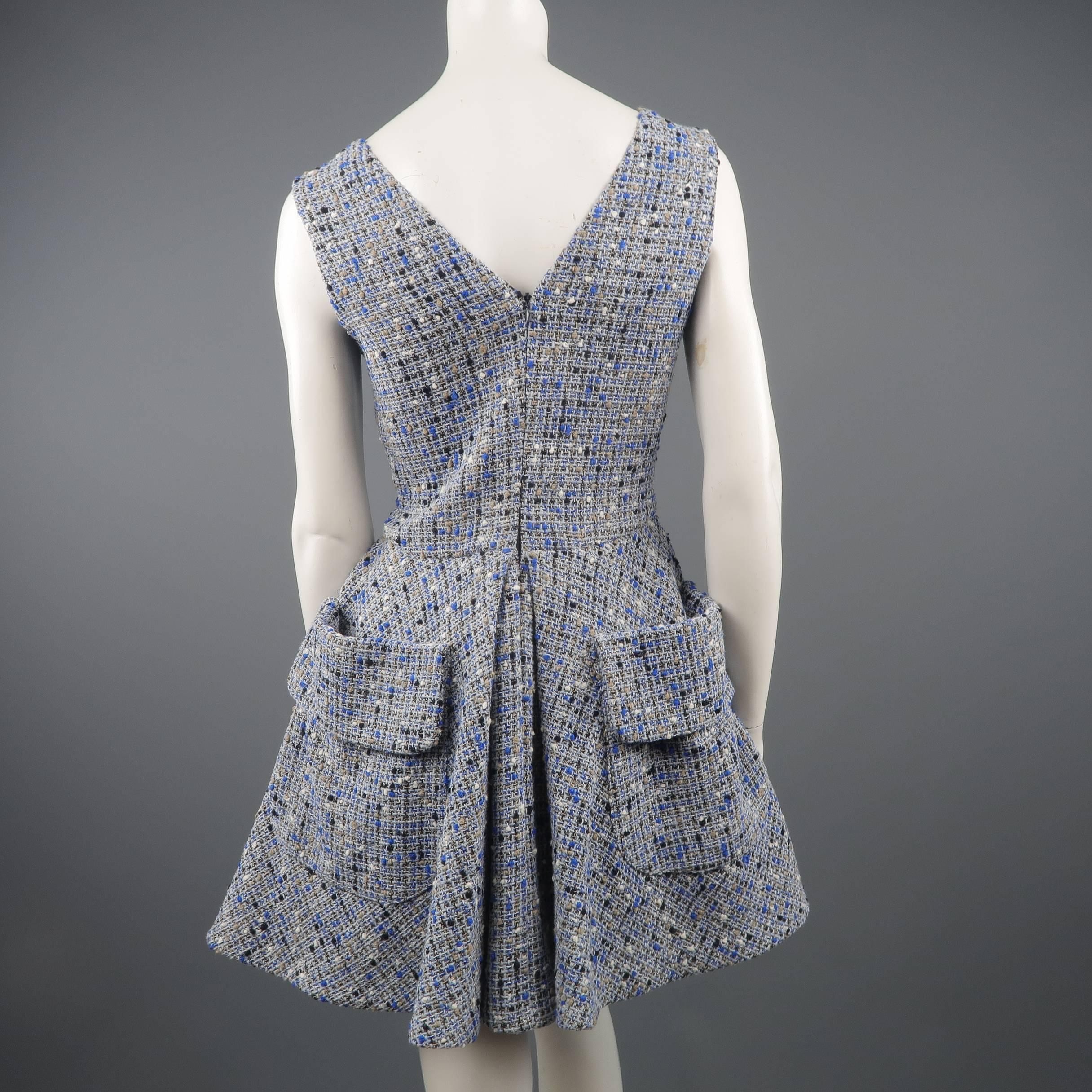 Women's Christian Dior Blue Wool Blend Tweed V Neck Pleated Skirt Cocktail Dress