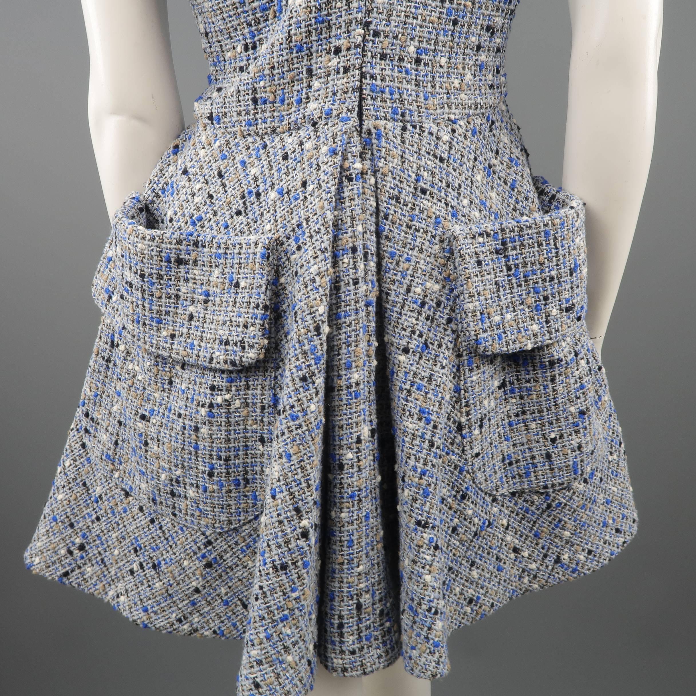 Christian Dior Blue Wool Blend Tweed V Neck Pleated Skirt Cocktail Dress 1