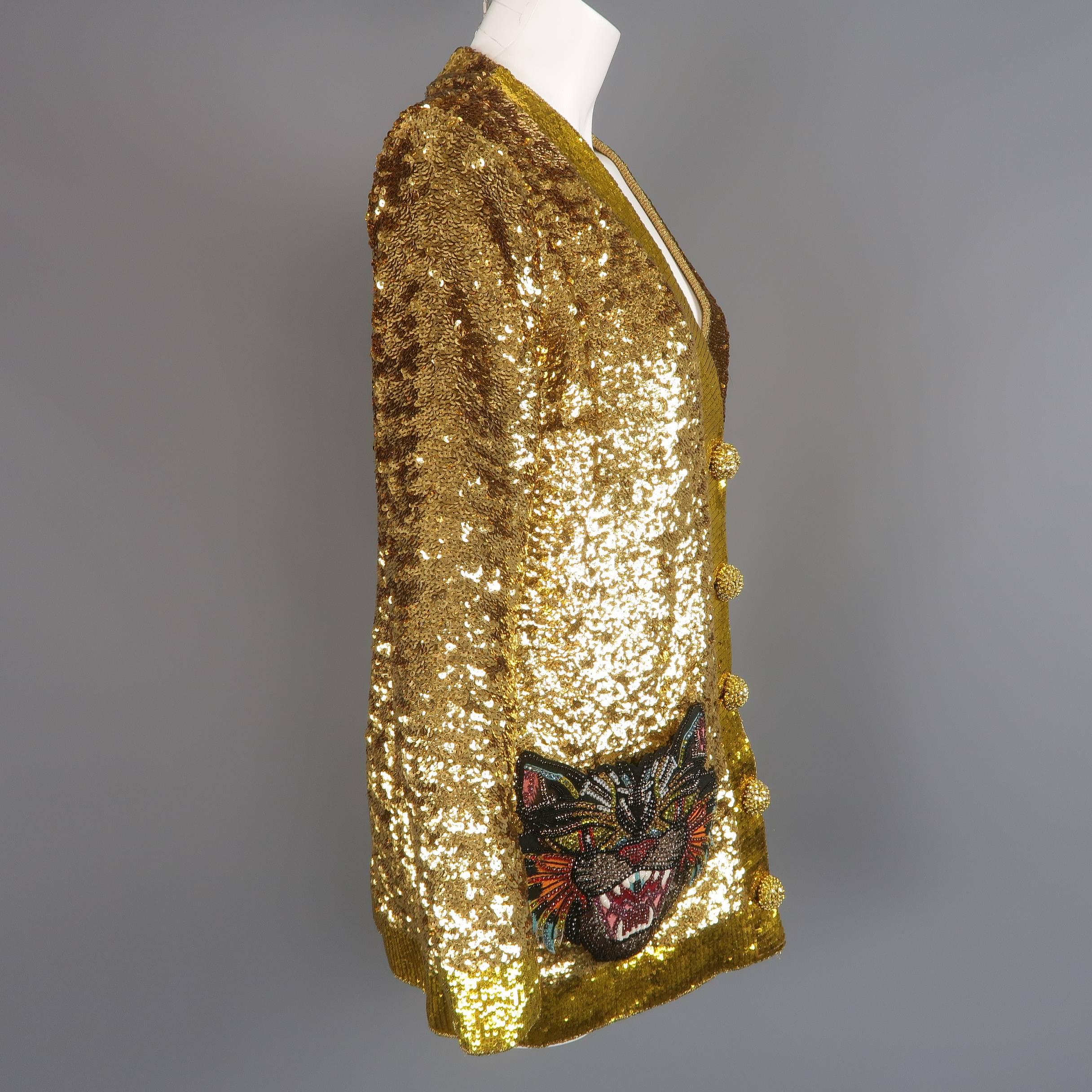 Gucci Gold Sequin Silk Rhinestone Tiger Pocket Cardigan Jacket In Good Condition In San Francisco, CA