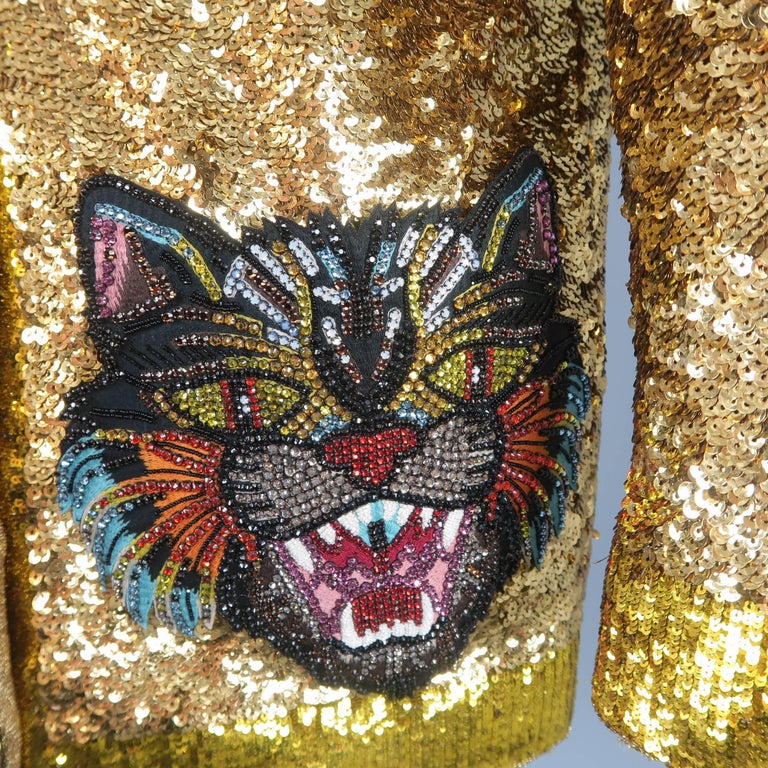 Gucci Gold Sequin Silk Rhinestone Tiger Pocket Cardigan Jacket at