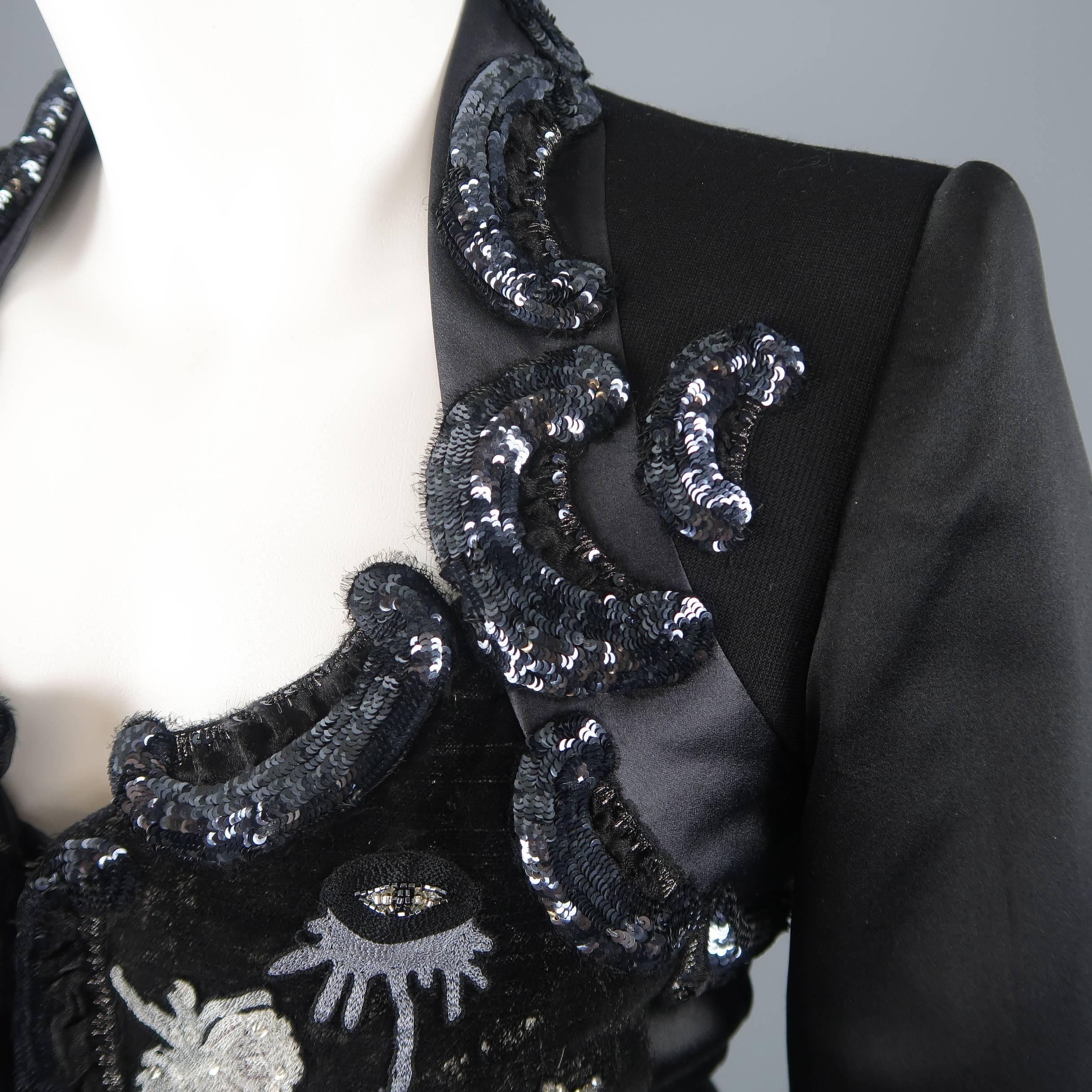 Marc Jacobs Black Velvet and Satin Sequin Embroidered Portrait Collar Jacket In Good Condition In San Francisco, CA