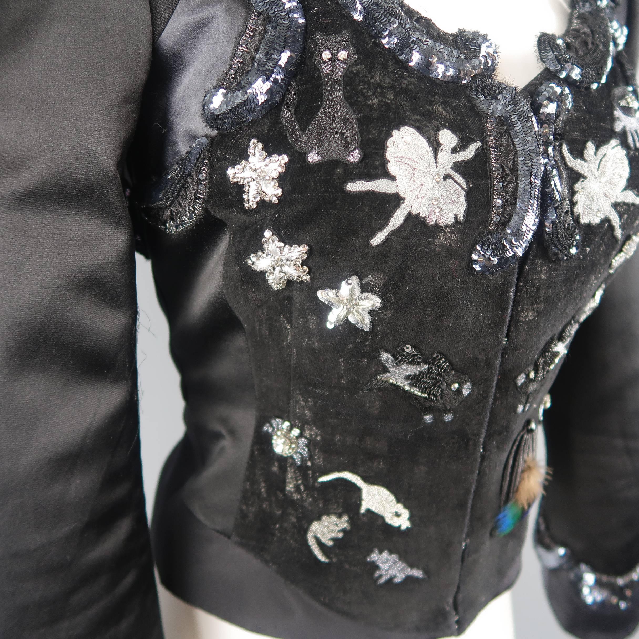 Marc Jacobs Black Velvet and Satin Sequin Embroidered Portrait Collar Jacket 4